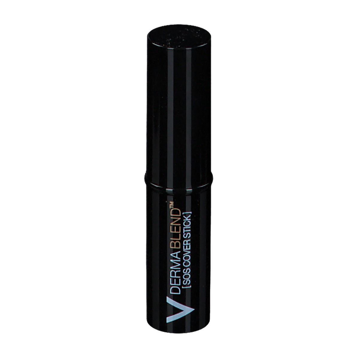 Schwarzer Abdeckstift mit geschlossenem Deckel. Der Stift hat vertikale Streifen und den Schriftzug VICHY DERMABLEND™ [SOS COVER STICK].
