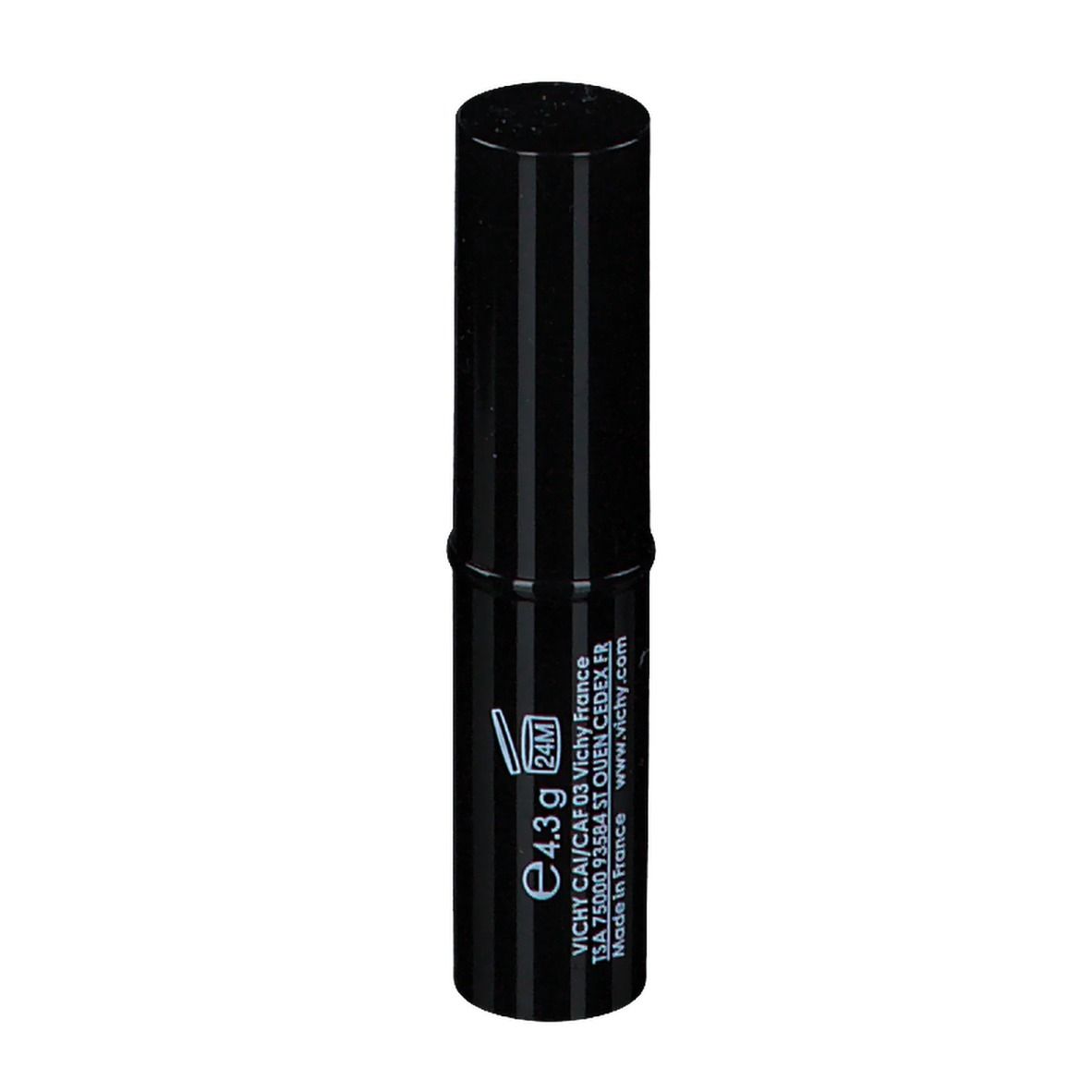 Schwarzer Abdeckstift mit geschlossenem Deckel. Der Stift hat vertikale Streifen und den Schriftzug VICHY DERMABLEND™ [SOS COVER STICK].