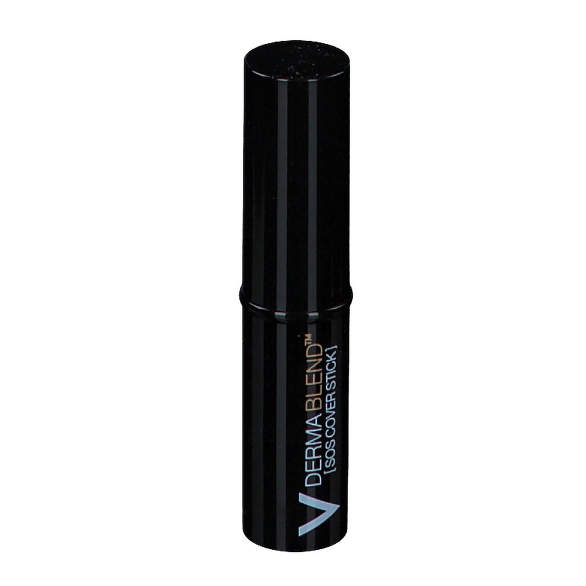 Schwarzer Abdeckstift mit geschlossenem Deckel. Der Stift hat vertikale Streifen und den Schriftzug VICHY DERMABLEND™ [SOS COVER STICK].