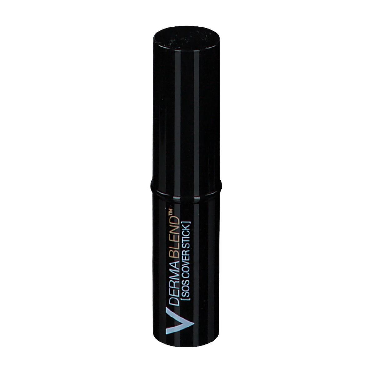 Schwarzer Abdeckstift mit geschlossenem Deckel. Der Stift hat vertikale Streifen und den Schriftzug VICHY DERMABLEND™ [SOS COVER STICK].