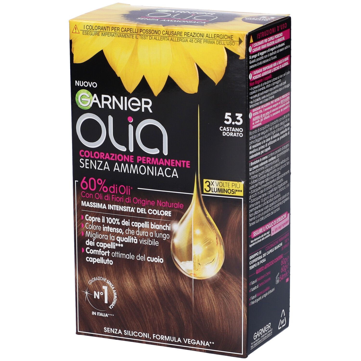 Garnier Olia, colorazione permanente senza ammoniaca, 5.3 Castano Dorato. Confezione con immagine e testo. Copre il 100% dei capelli bianchi, con oli di fiori.