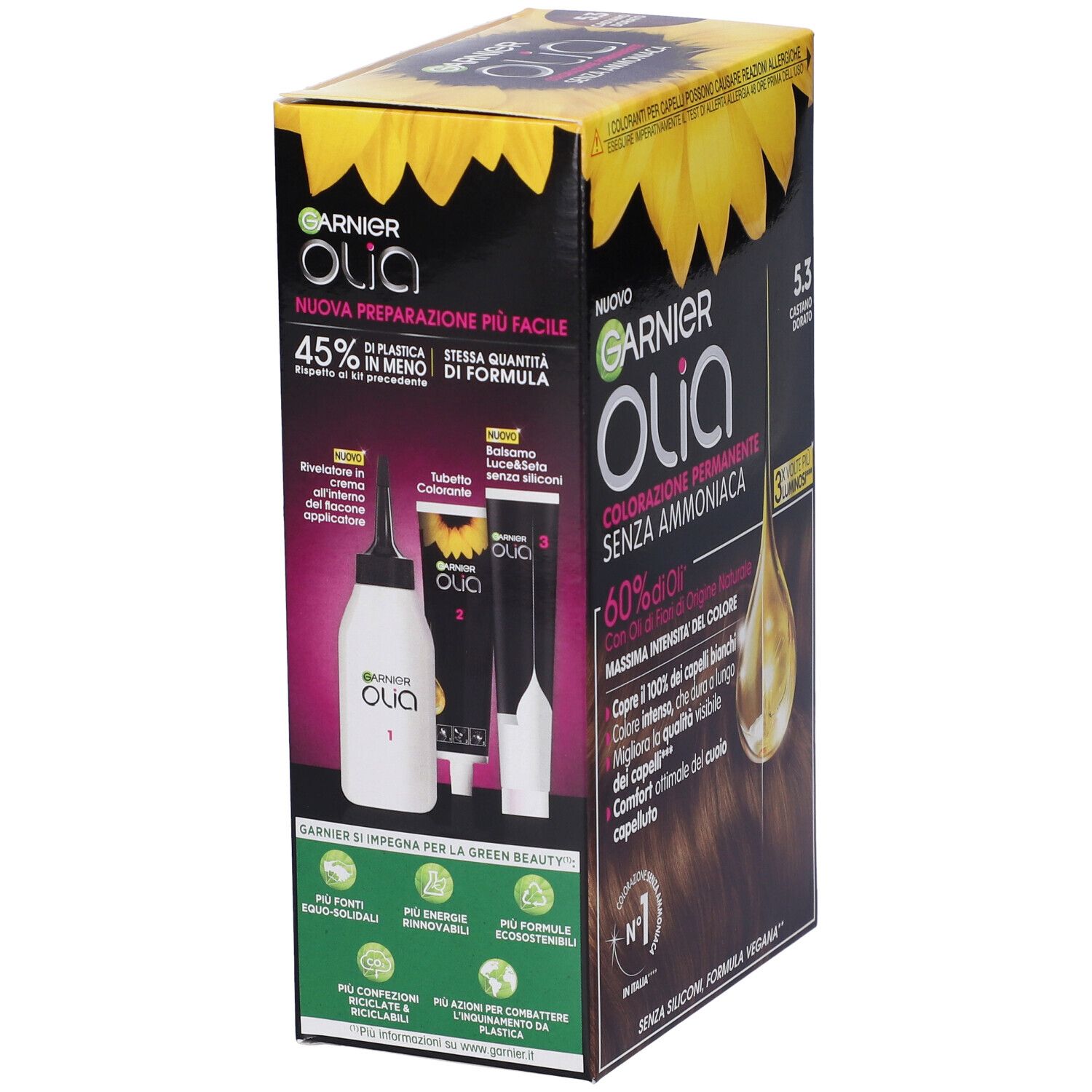 Garnier Olia, colorazione permanente senza ammoniaca, 5.3 Castano Dorato. Confezione con flacone applicatore, tubo e istruzioni. Senza ammoniaca.