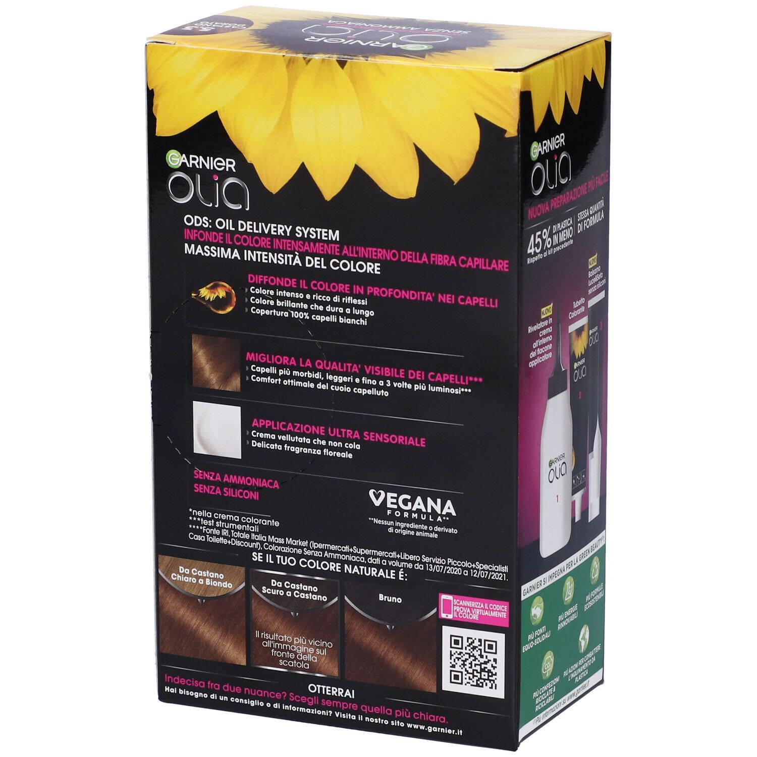 Garnier Olia, colorazione permanente senza ammoniaca, 5.3 Castano Dorato. Retro confezione con informazioni. Formula vegana, senza siliconi, senza ammoniaca.