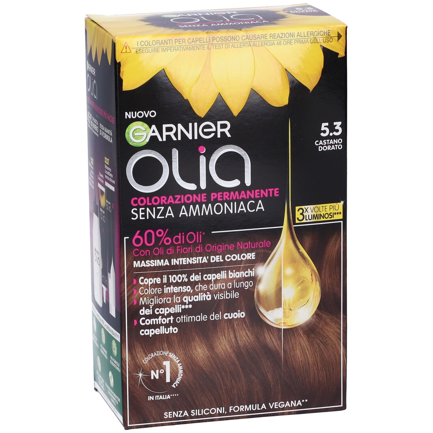Garnier Olia, colorazione permanente senza ammoniaca, 5.3 Castano Dorato. Confezione con immagine e testo. Copre il 100% dei capelli bianchi, con oli di fiori.