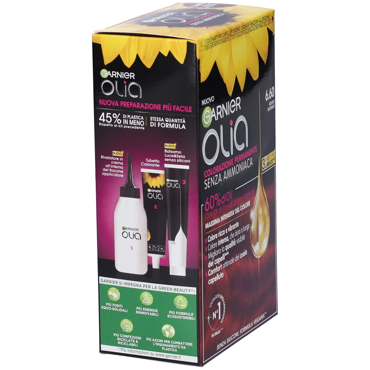 Confezione Garnier Olia. Contiene flacone applicatore, crema colorante e rivelatore. Senza ammoniaca.