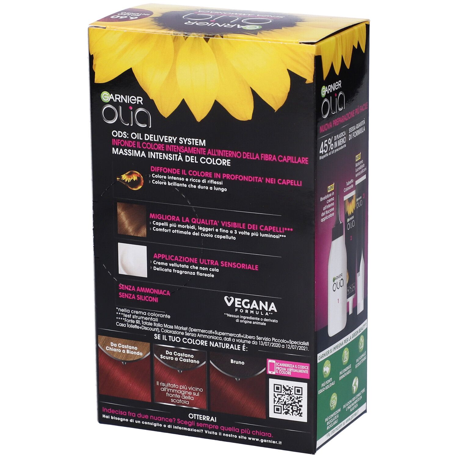 Retro della confezione Garnier Olia. Informazioni sugli ingredienti e risultati colore. Formula vegana.