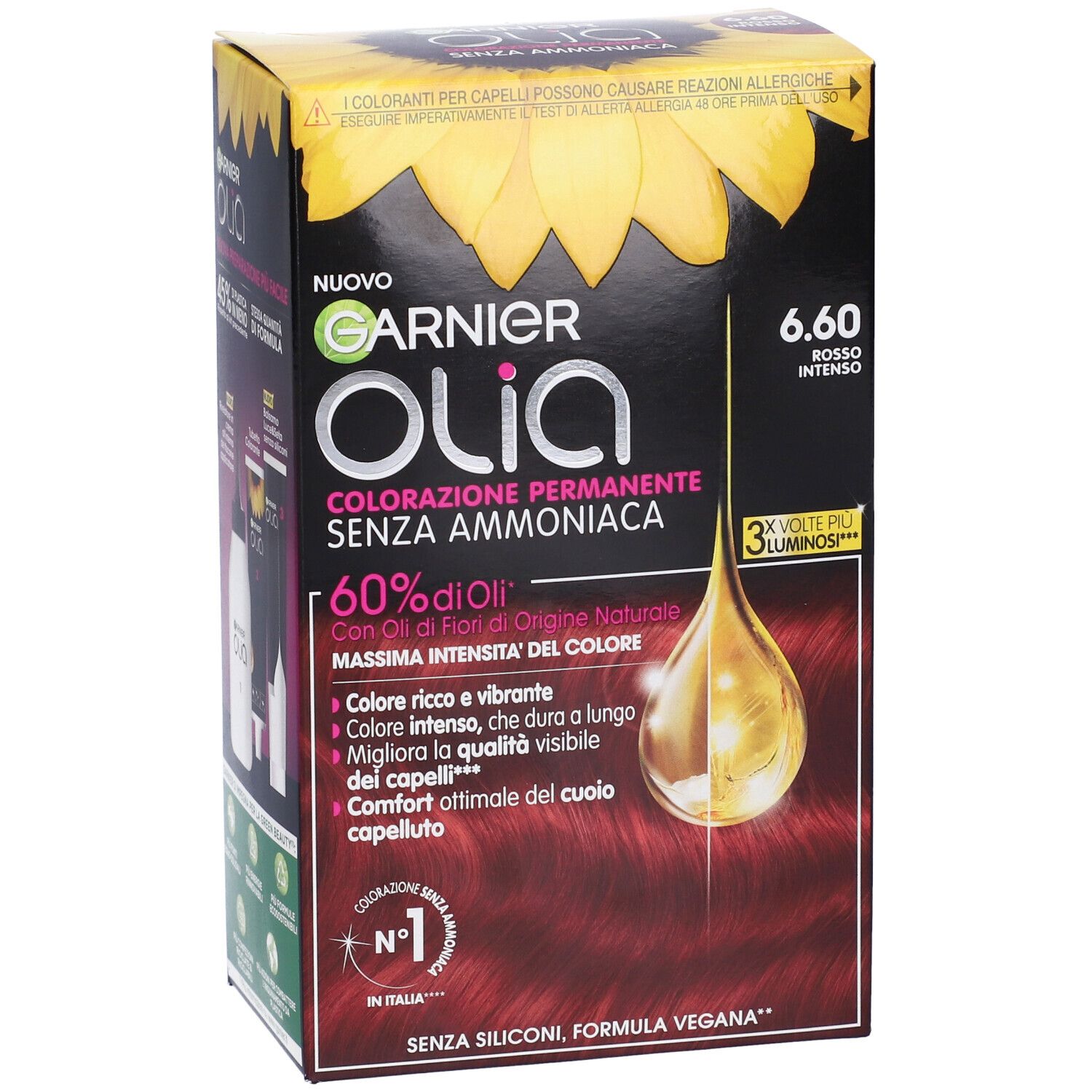Confezione Garnier Olia 6.60 Rosso Intenso. Senza ammoniaca, con 60% oli. Formula vegana.