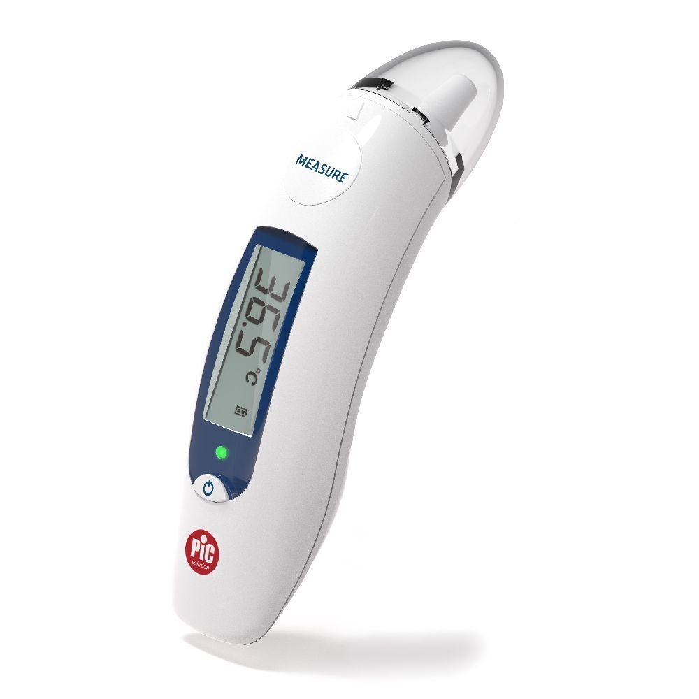 Termometro auricolare bianco con display. Mostra 36,5°C. Logo PIC.