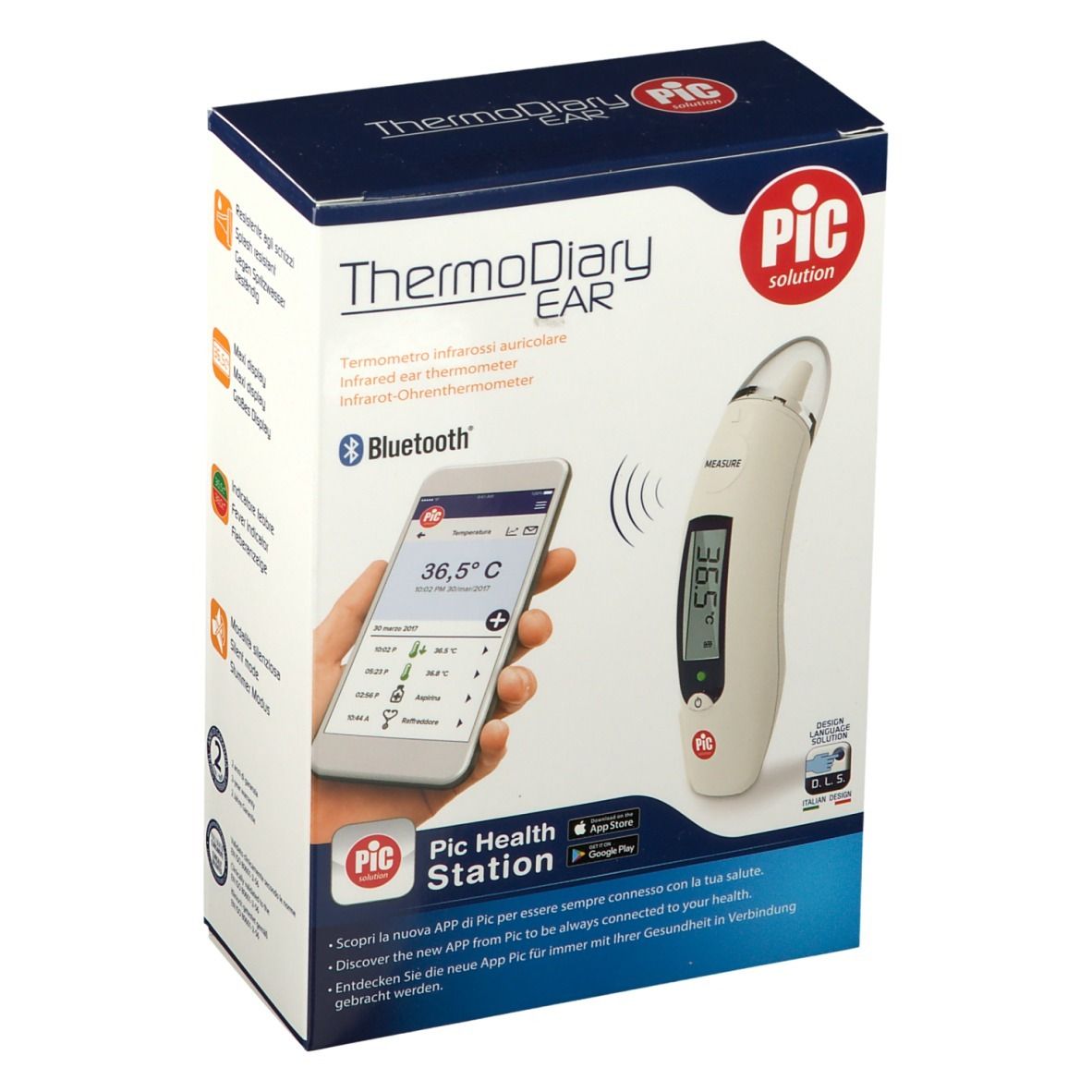 Confezione ThermoDiary EAR. Termometro e smartphone con app. Logo Bluetooth.
