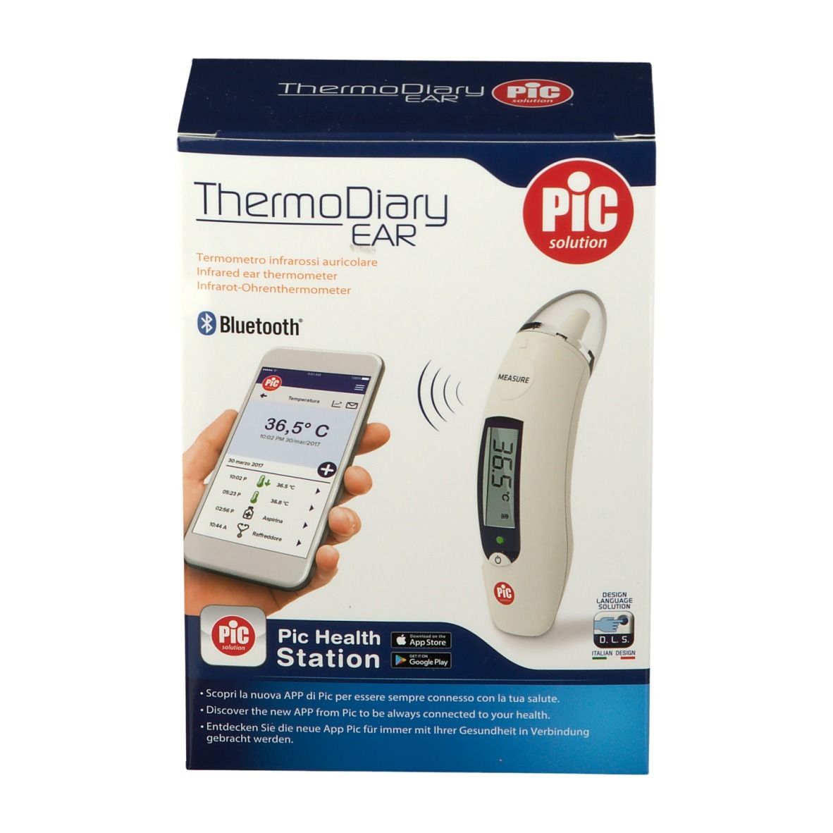 Confezione ThermoDiary EAR. Termometro e smartphone con app. Logo Bluetooth.