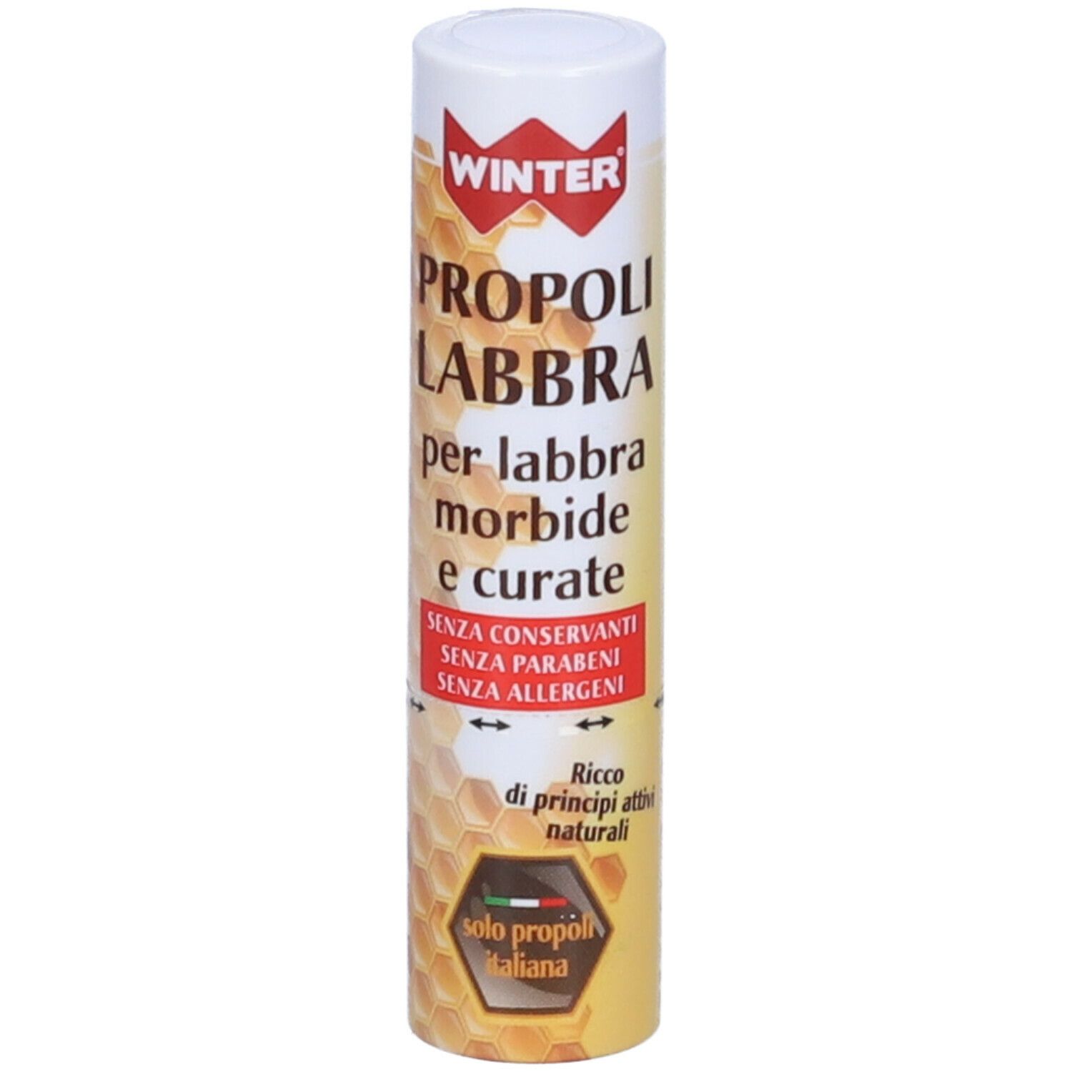 Stick per labbra cilindrico. Scritta: WINTER, PROPOLI LABBRA. Senza conservanti, parabeni e allergeni.