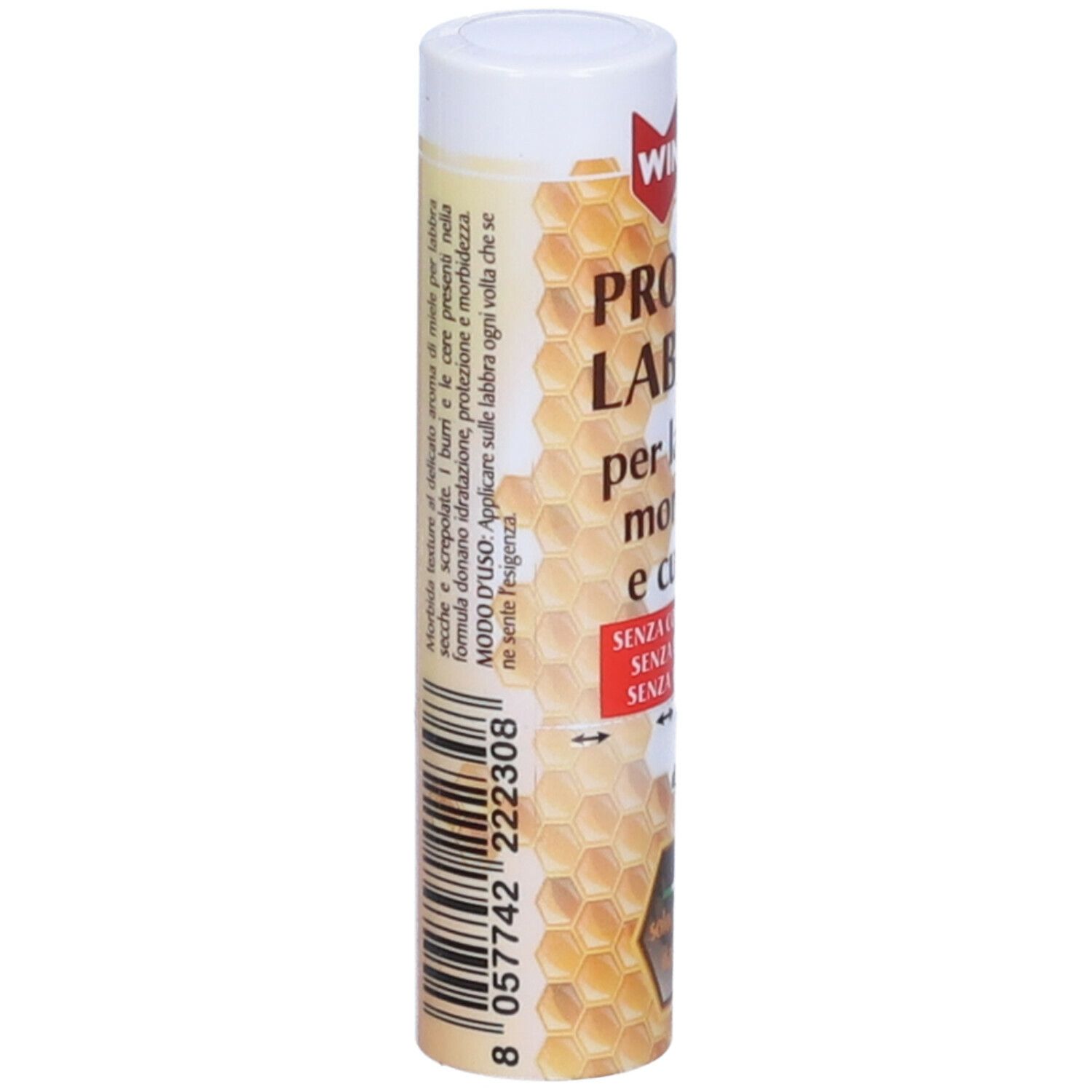 Stick per labbra cilindrico. Scritta: WINTER, PROPOLI LABBRA. Retro con testo e codice a barre.