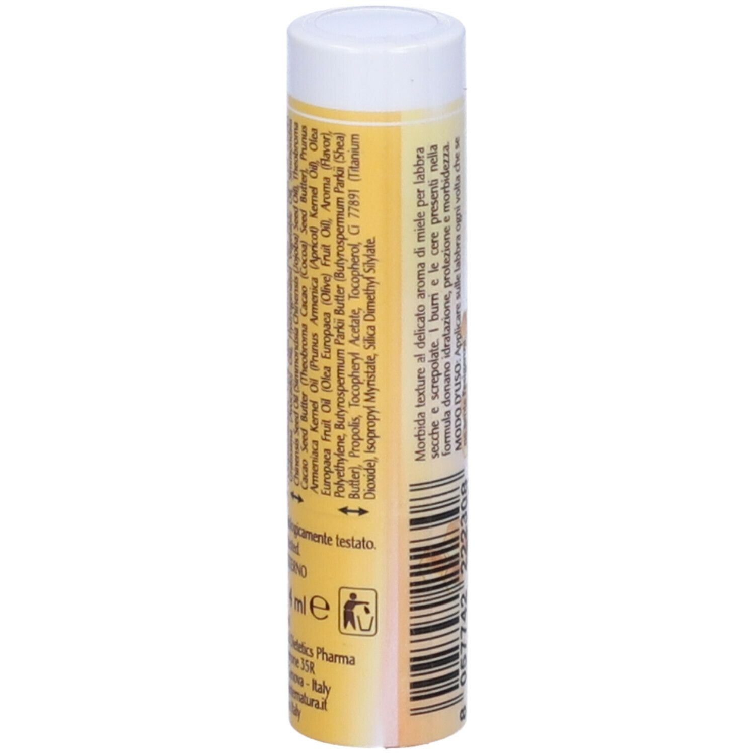 Stick per labbra cilindrico. Scritta: WINTER, PROPOLI LABBRA. Retro con ingredienti e istruzioni per l'uso.