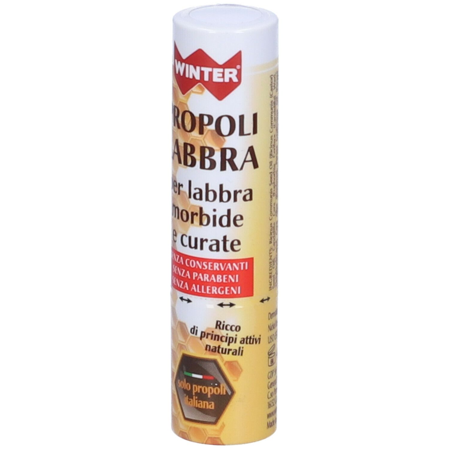 Stick per labbra cilindrico. Scritta: WINTER, PROPOLI LABBRA. Senza conservanti, parabeni e allergeni.