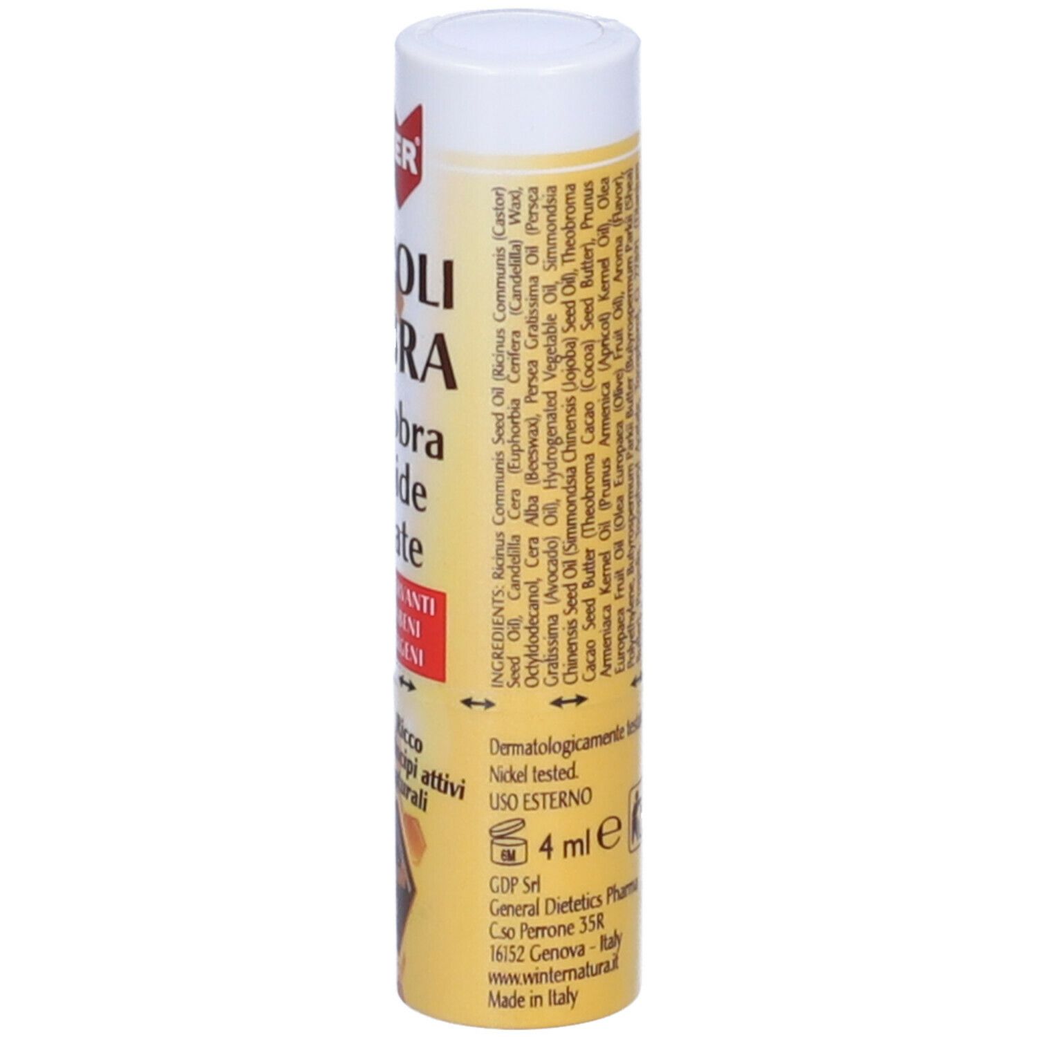 Stick per labbra cilindrico. Scritta: WINTER, PROPOLI LABBRA. Contiene ingredienti, 4 ml, dermatologicamente testato.