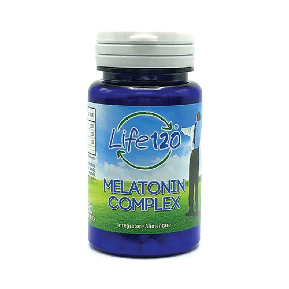Flacone blu con tappo bianco. Scritta Life 120 Melatonin Complex. Illustrazione di una persona.