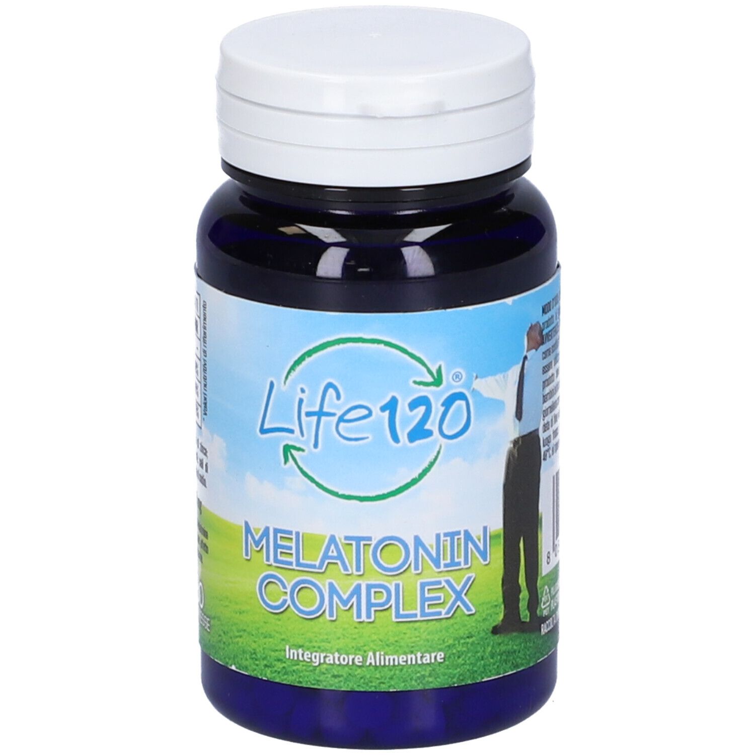 Flacone blu con tappo bianco. Scritta Life 120 Melatonin Complex. Illustrazione di una persona.