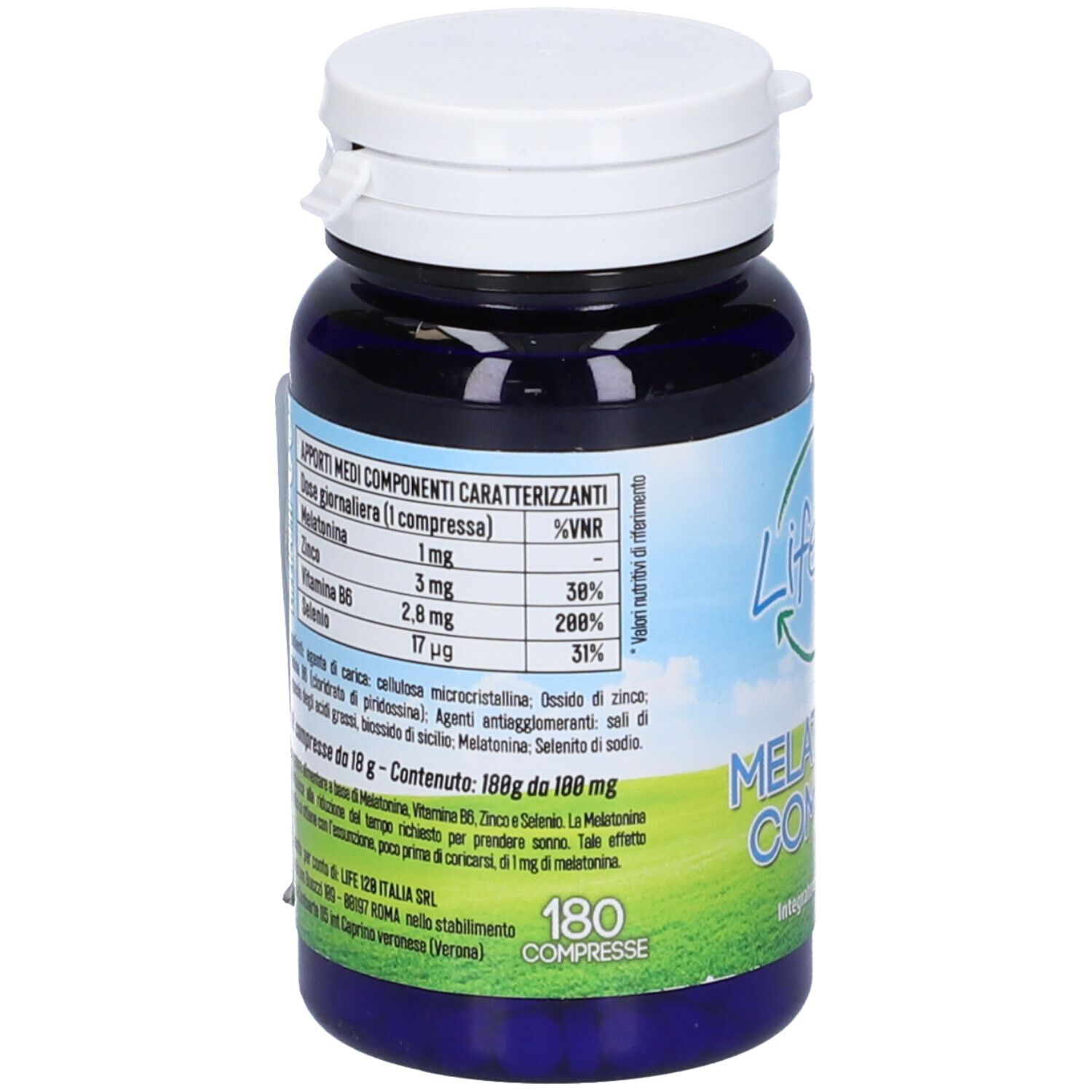 Flacone blu con tappo bianco. Scritta Life 120 Melatonin Complex. Retro con informazioni sugli ingredienti.