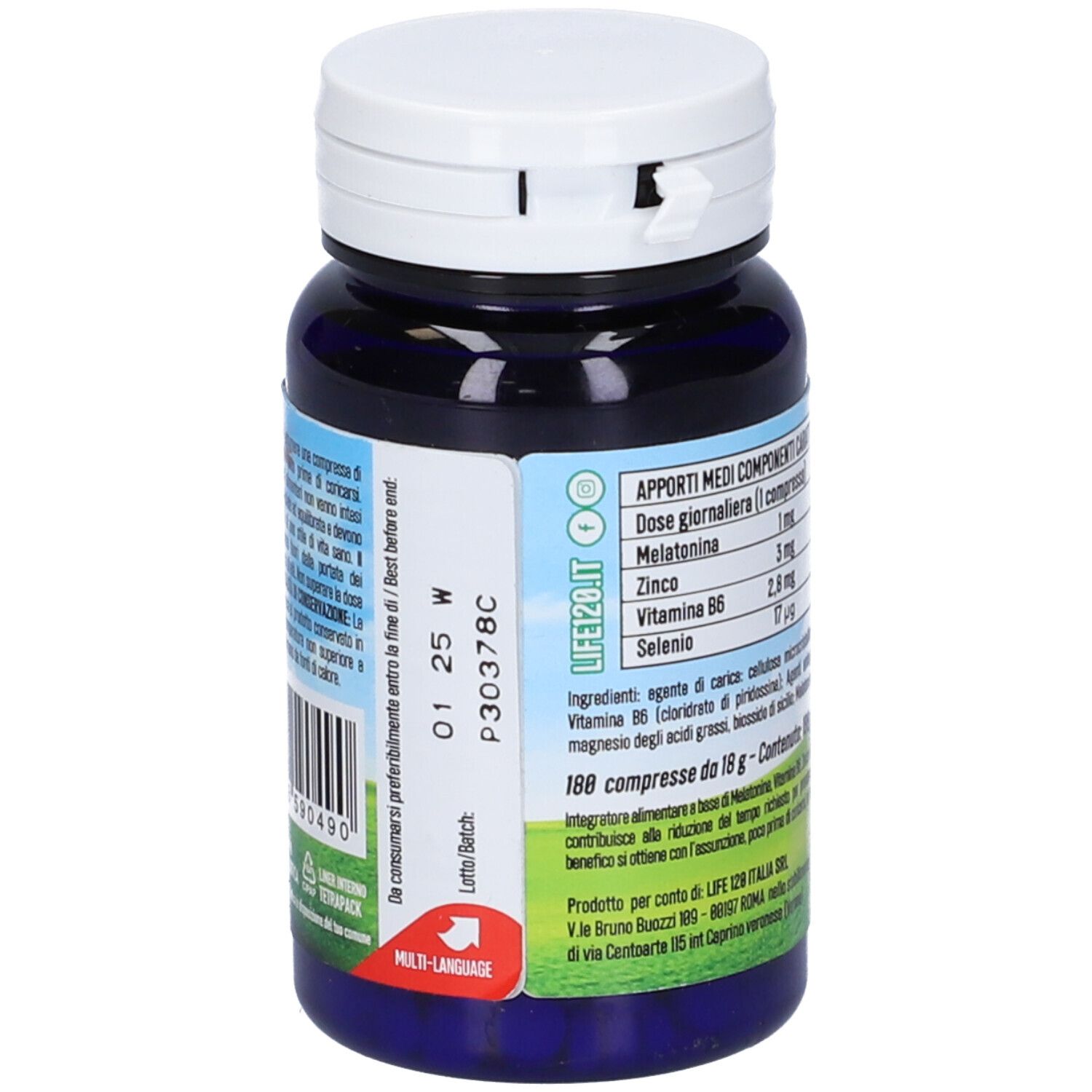 Flacone blu con tappo bianco. Scritta Life 120 Melatonin Complex. Retro con informazioni sugli ingredienti.