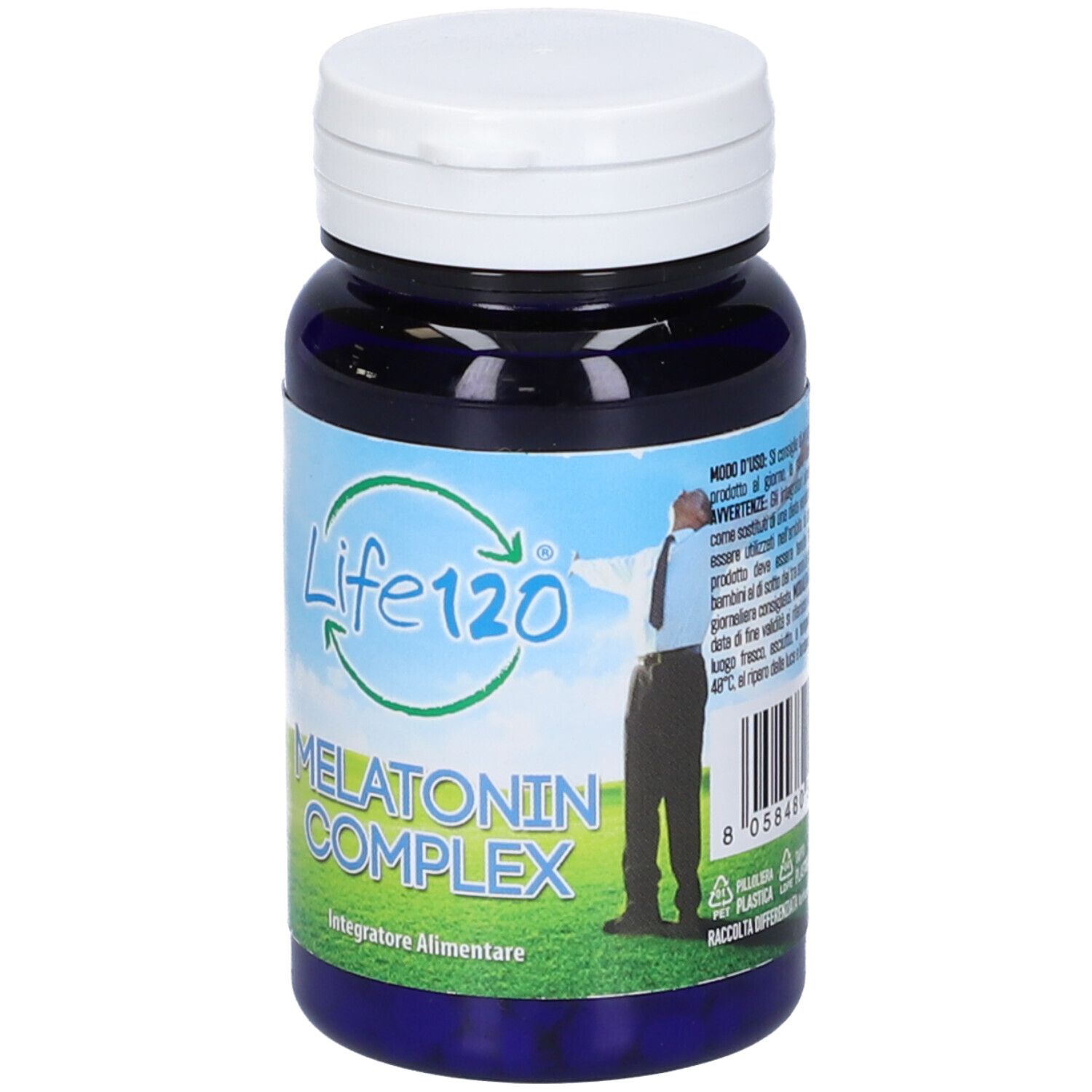 Flacone blu con tappo bianco. Scritta Life 120 Melatonin Complex. Illustrazione di una persona.