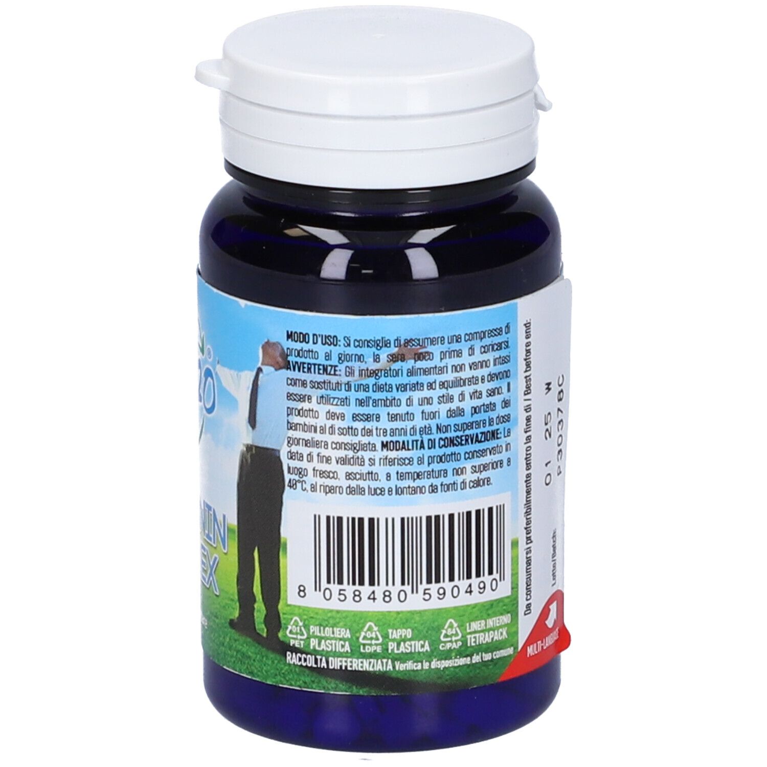 Flacone blu con tappo bianco. Scritta Life 120 Melatonin Complex. Retro con informazioni e codice a barre.