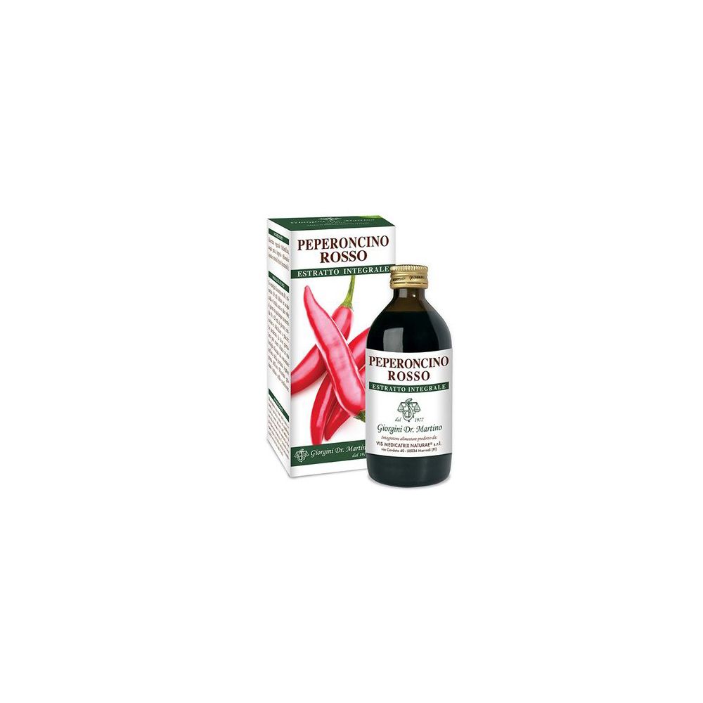 Bottiglia di vetro marrone e confezione con design peperoncino rosso. Scritta: Peperoncino Rosso Estratto Integrale.