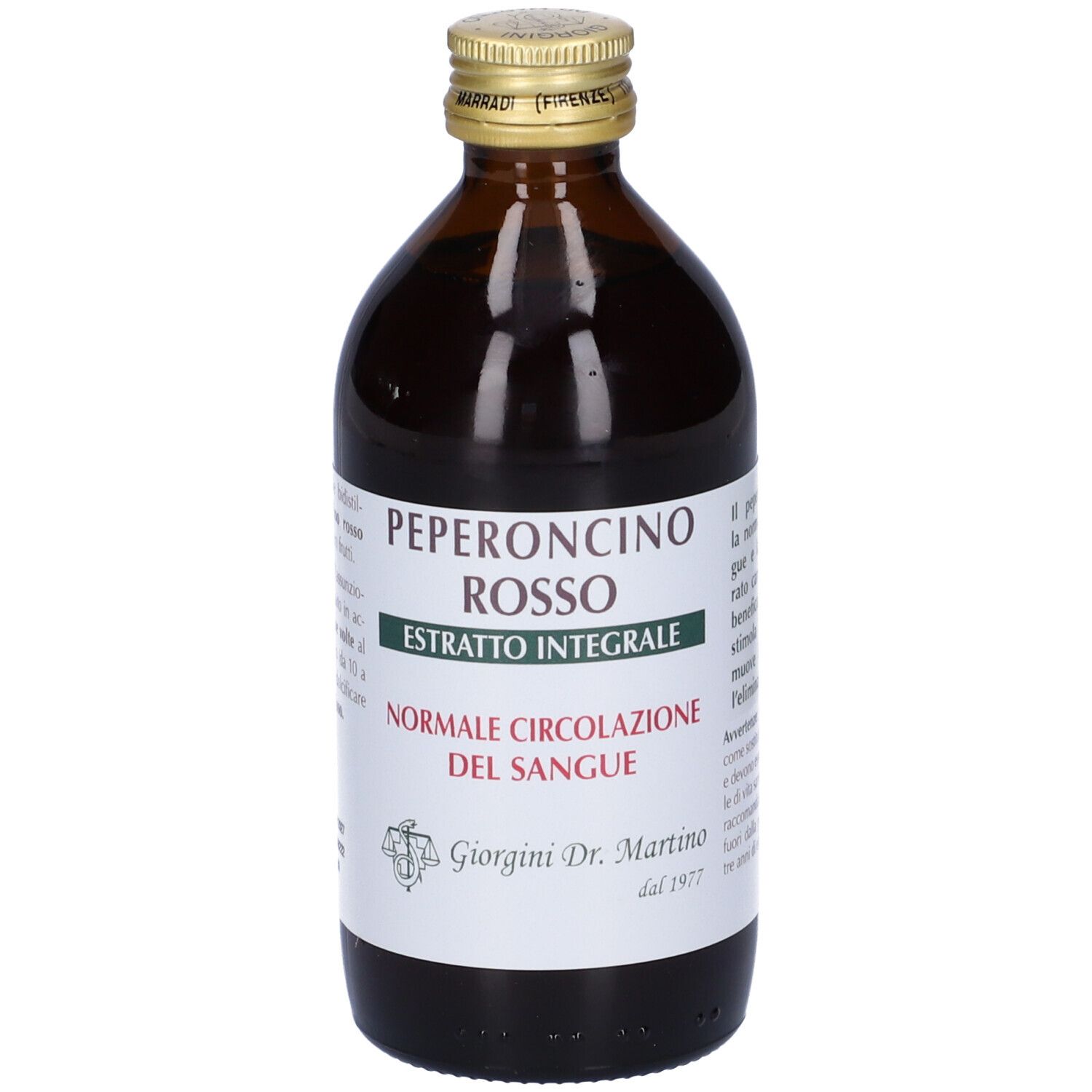 Bottiglia di vetro marrone con tappo dorato. Scritta: Peperoncino Rosso Estratto Integrale. Etichetta.