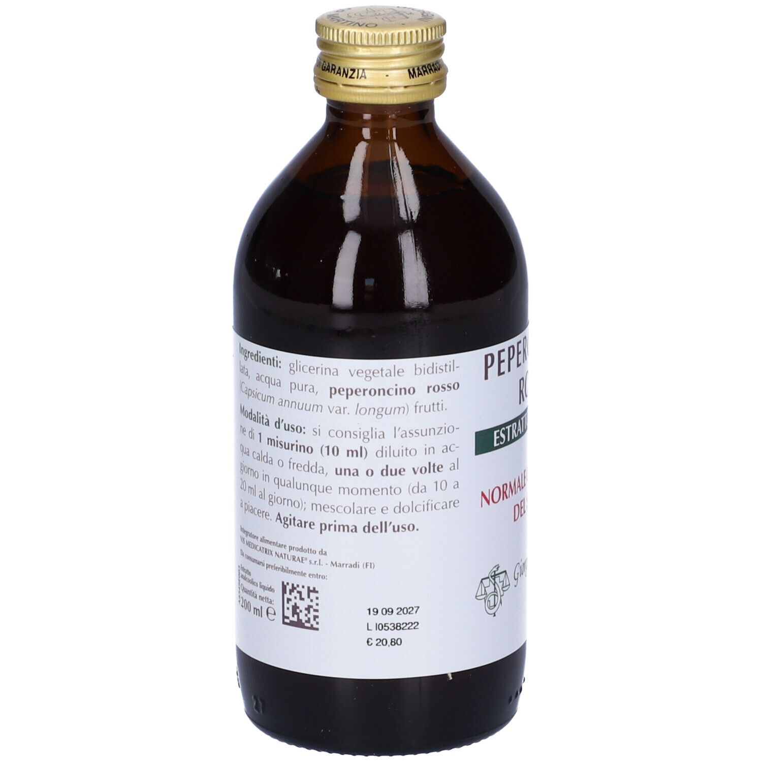 Bottiglia di vetro marrone con tappo dorato. Scritta: Peperoncino Rosso Estratto Integrale. Etichetta con ingredienti.