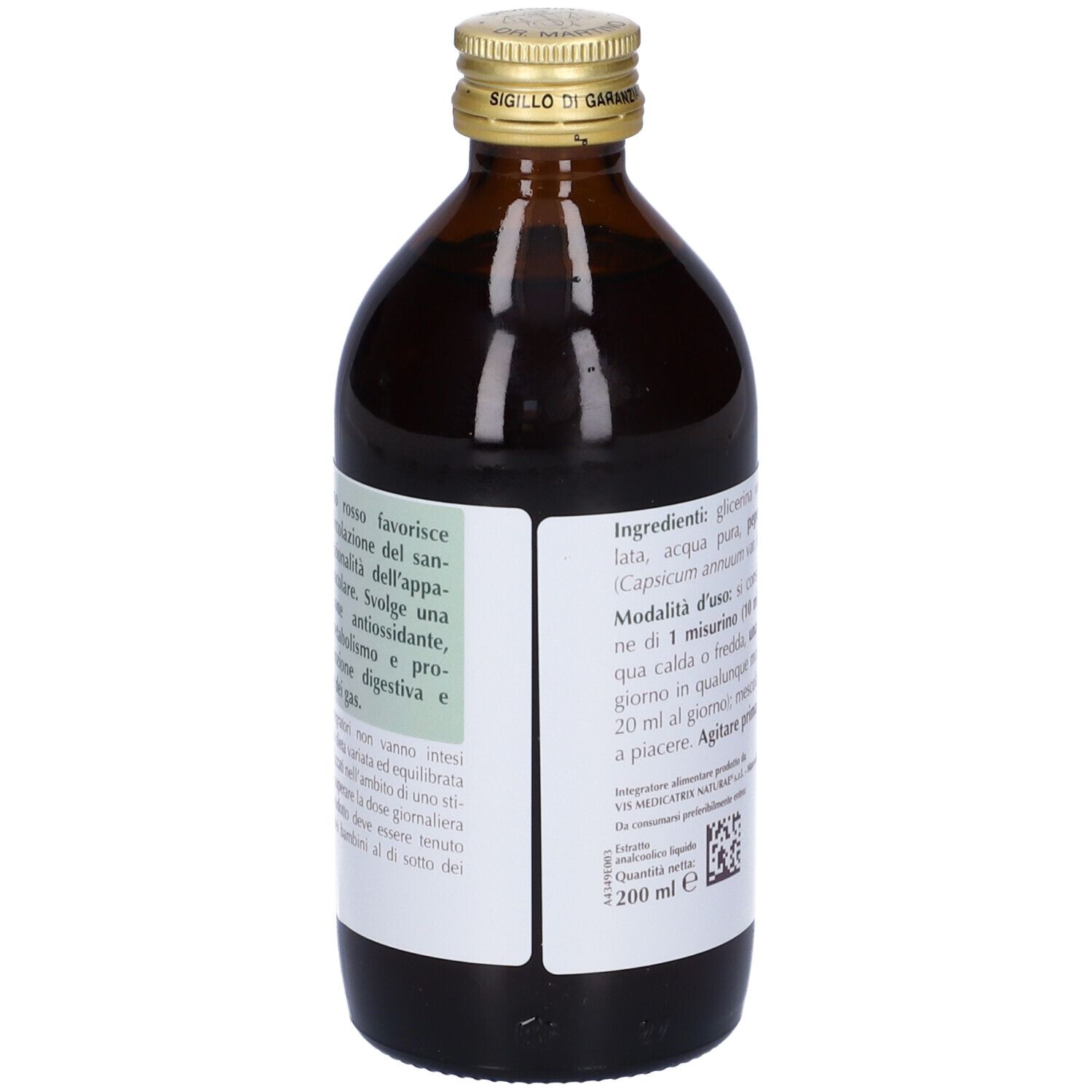 Bottiglia di vetro marrone con tappo dorato. Scritta: Peperoncino Rosso Estratto Integrale. Etichetta con testo.