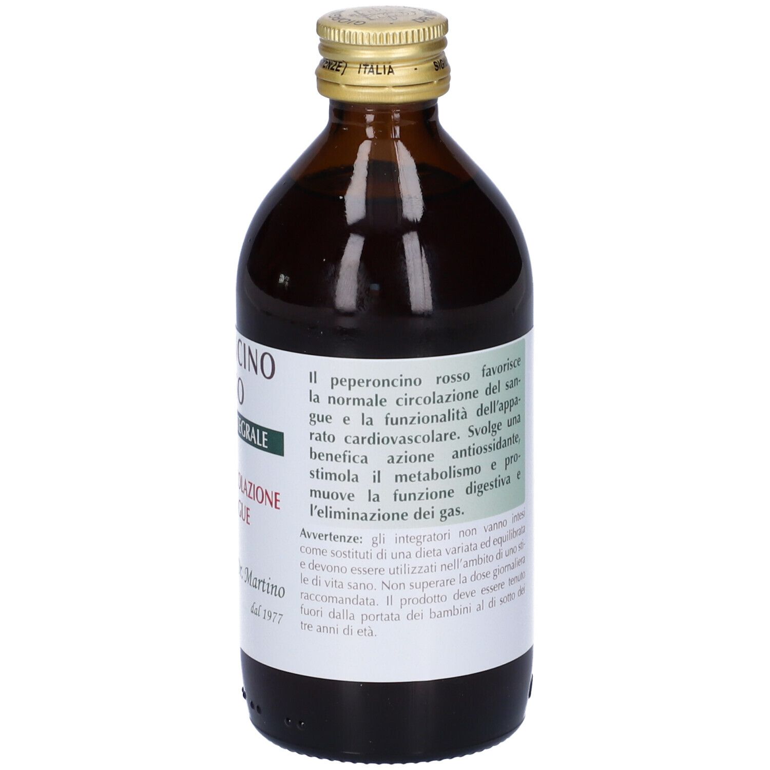 Bottiglia di vetro marrone con tappo dorato. Scritta: Peperoncino Rosso Estratto Integrale. Etichetta con testo.