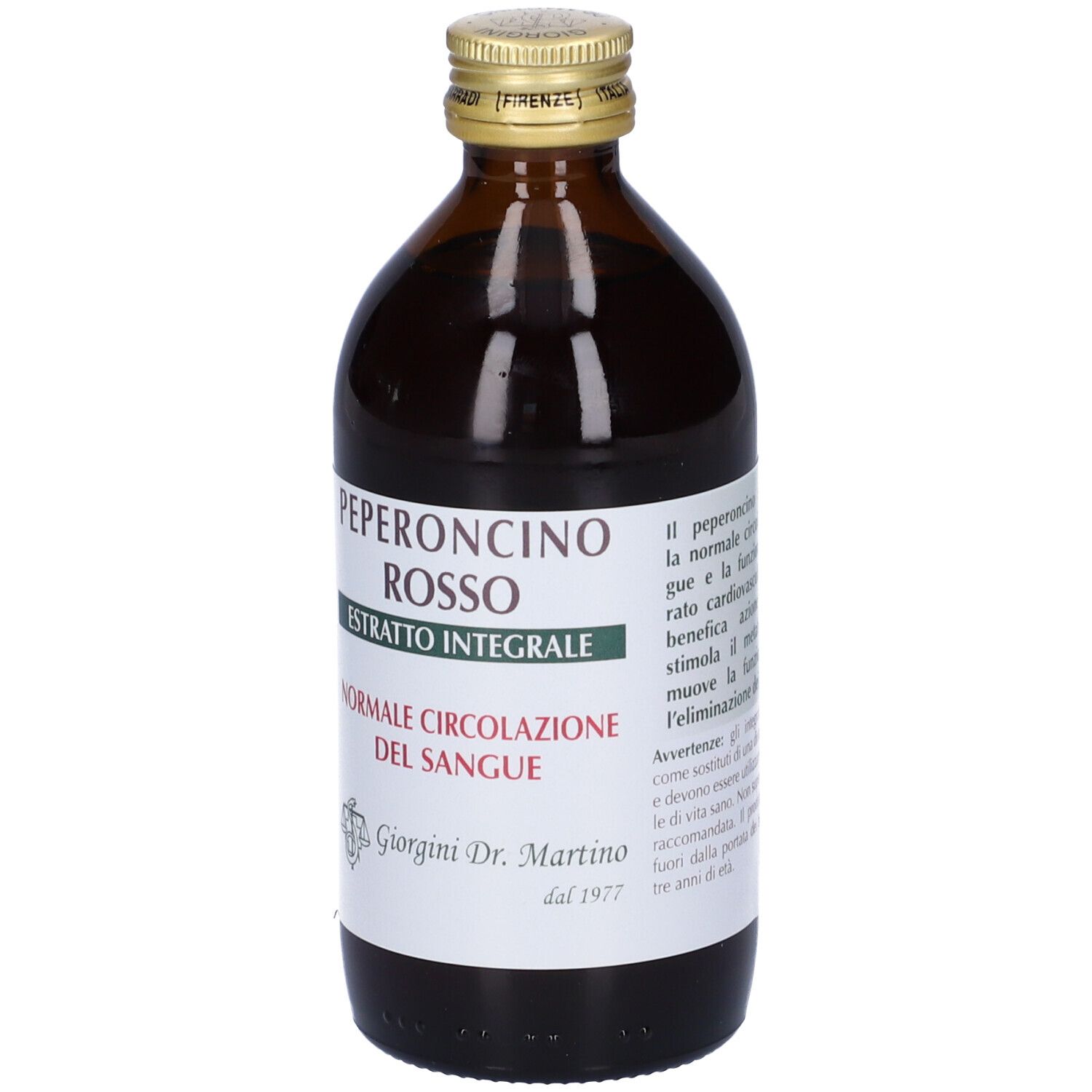 Bottiglia di vetro marrone con tappo dorato. Scritta: Peperoncino Rosso Estratto Integrale. Etichetta.
