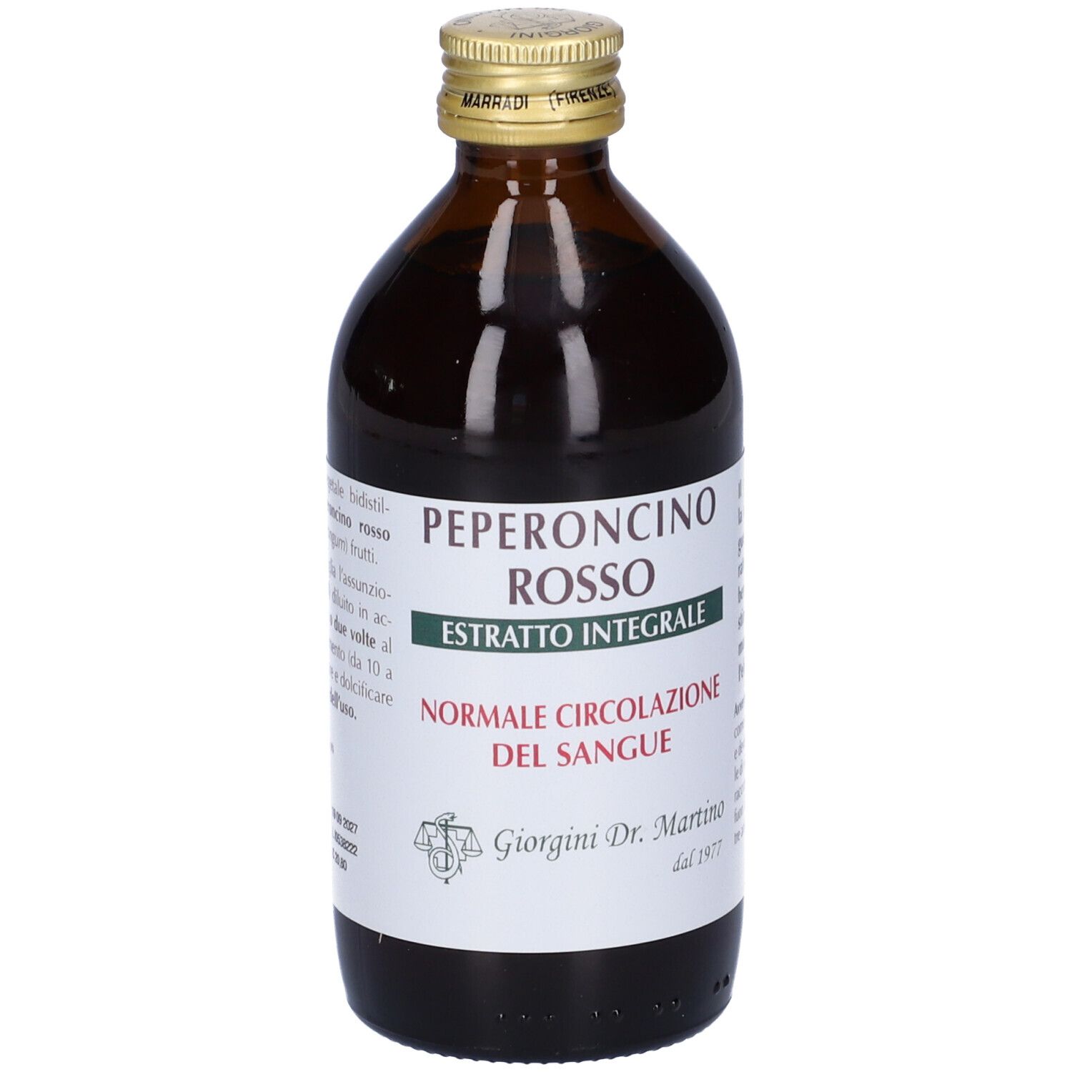 Bottiglia di vetro marrone con tappo dorato. Scritta: Peperoncino Rosso Estratto Integrale. Etichetta.