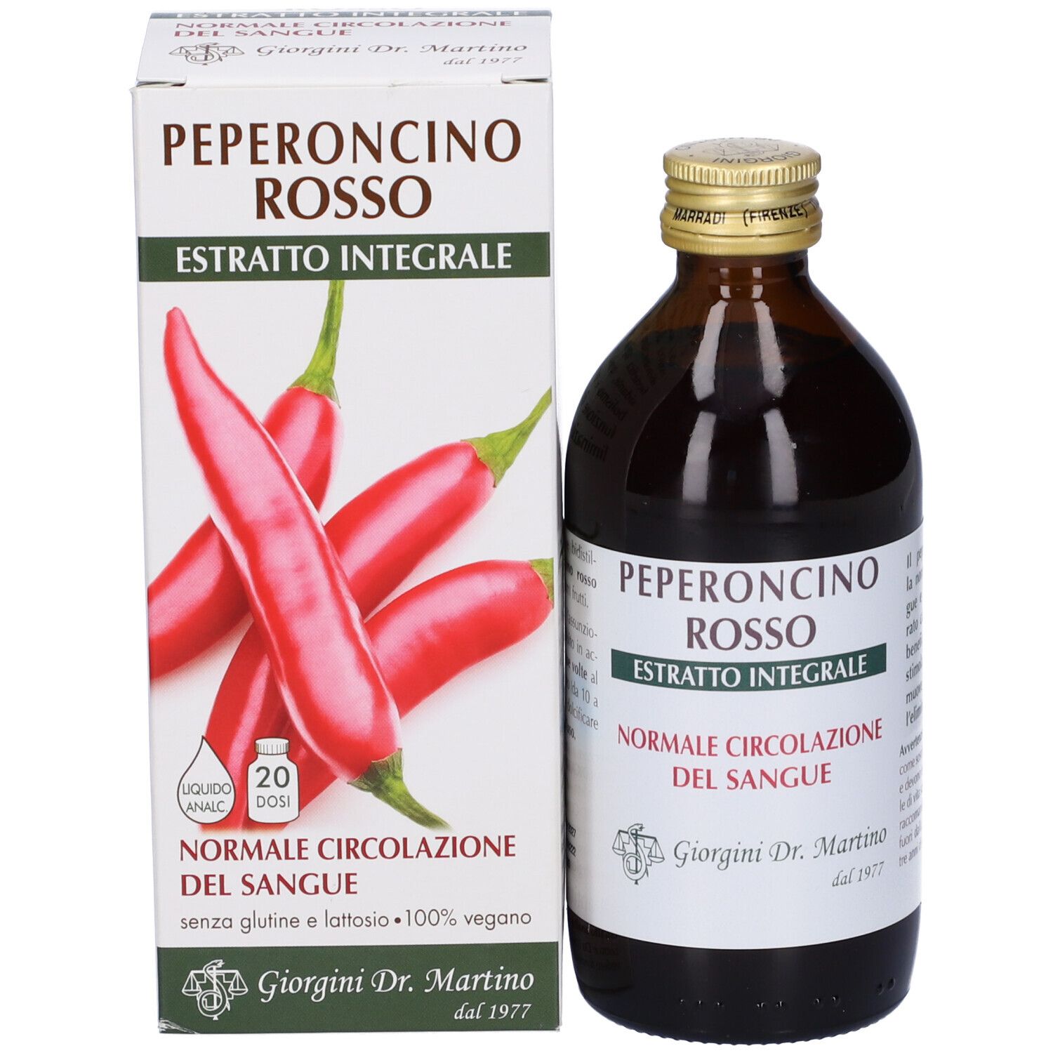 Bottiglia di vetro marrone e confezione con design peperoncino rosso. Scritta: Peperoncino Rosso Estratto Integrale. 20 dosi.