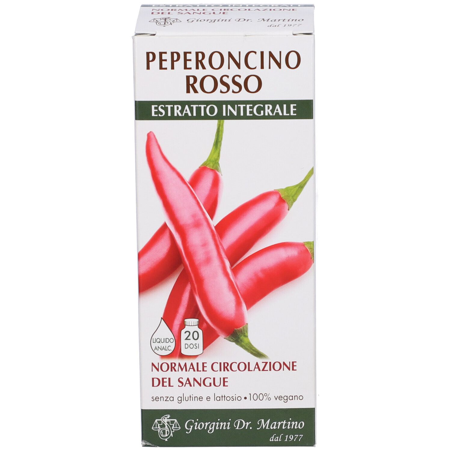Confezione con design peperoncino rosso. Scritta: Peperoncino Rosso Estratto Integrale. 20 dosi.