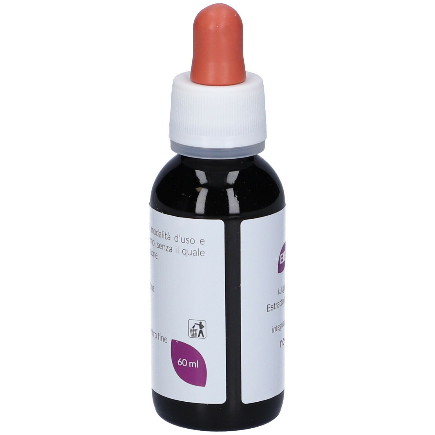 Flacone di vetro marrone con tappo bianco e contagocce rosa. Etichetta con testo. 60 ml.