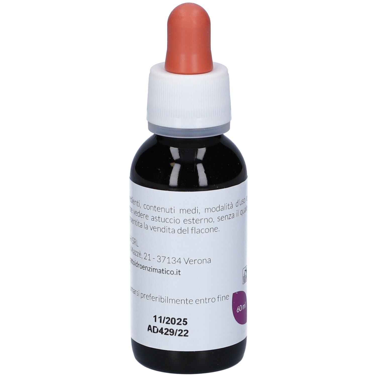 Flacone di vetro marrone con tappo bianco e contagocce rosa. Etichetta con testo e data di scadenza.