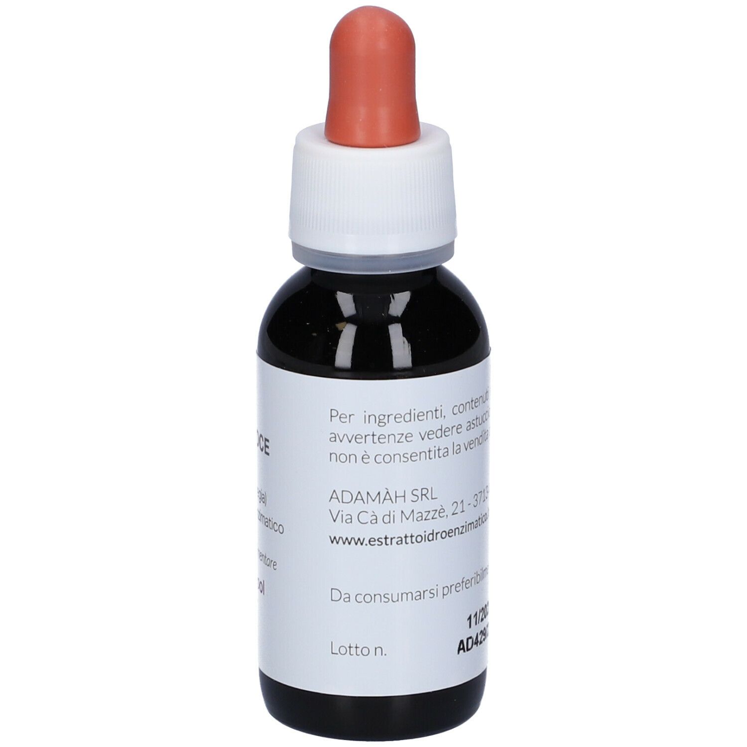 Flacone di vetro marrone con tappo bianco e contagocce rosa. Etichetta con testo. Indirizzo del produttore.