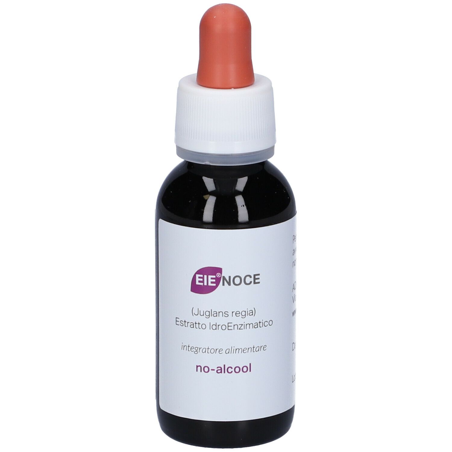 Flacone di vetro marrone con tappo bianco e contagocce rosa. Etichetta con nome del prodotto e testo.