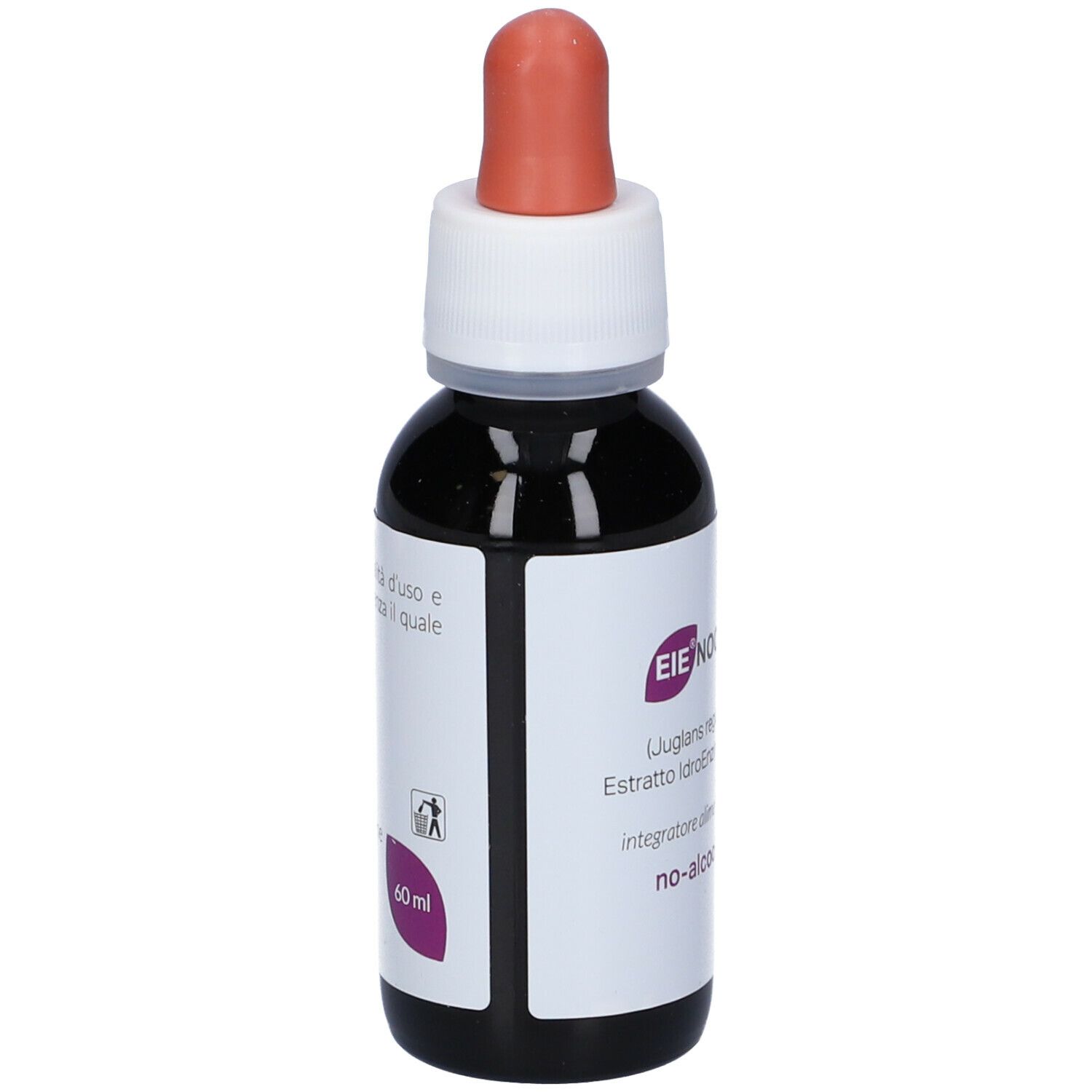 Flacone di vetro marrone con tappo bianco e contagocce rosa. Etichetta con nome, testo e 60 ml.