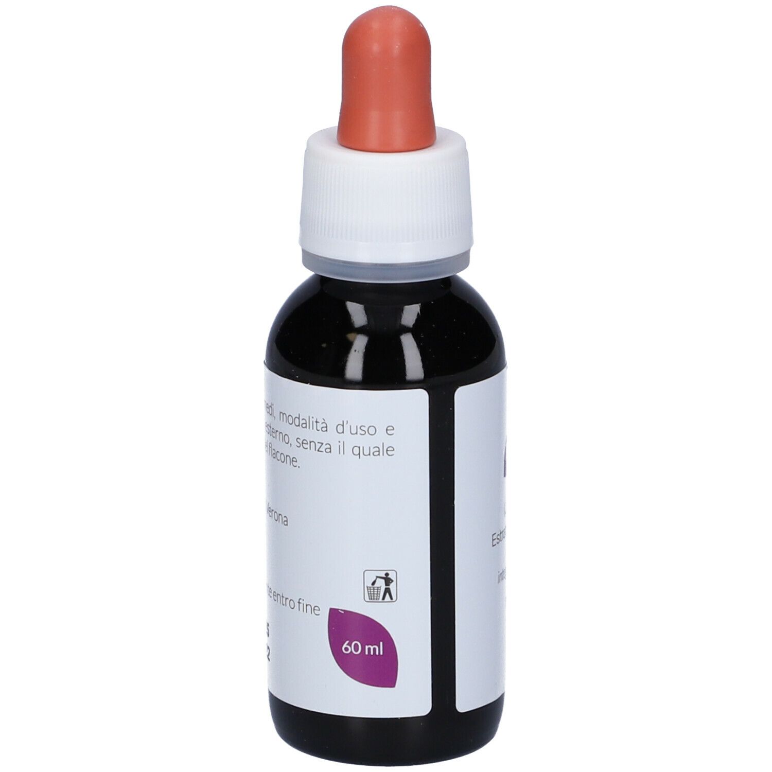 Flacone di vetro marrone con tappo bianco e contagocce rosa. Etichetta con testo e 60 ml.