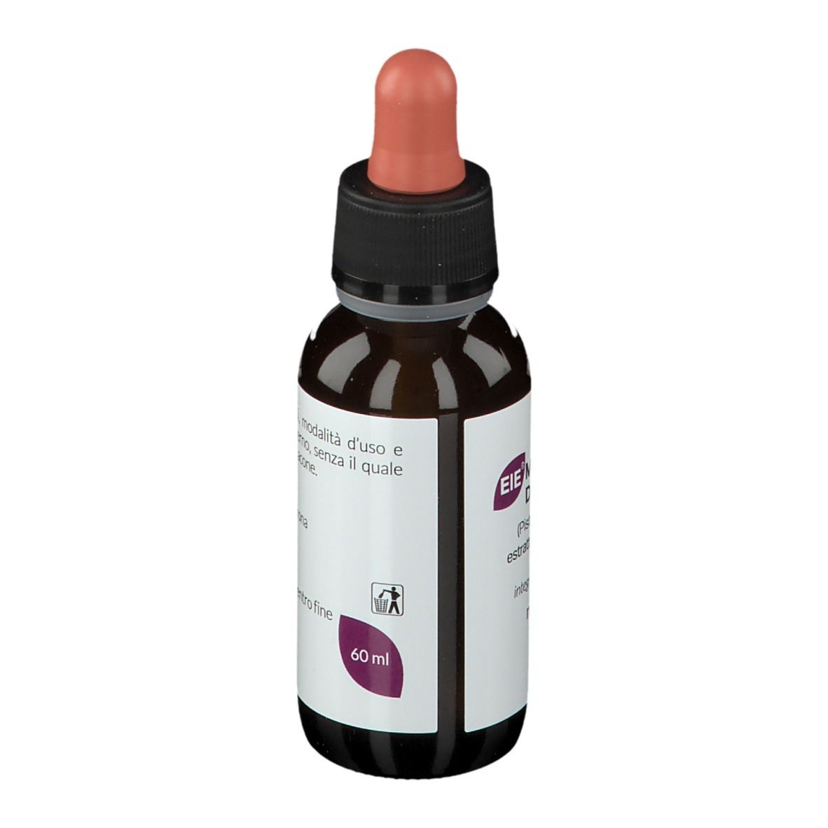 Flacone di vetro marrone con contagocce. Etichetta bianca con testo e 60 ml. Contagocce rosa. Vista posteriore.