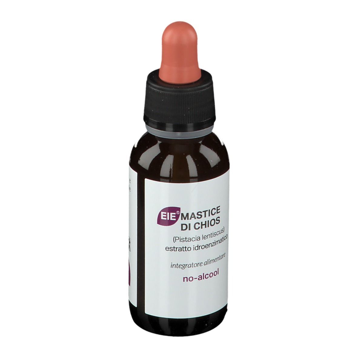 Flacone di vetro marrone con contagocce. Etichetta bianca con testo: EIE Mastice di Chios, no-alcool. Contagocce rosa.