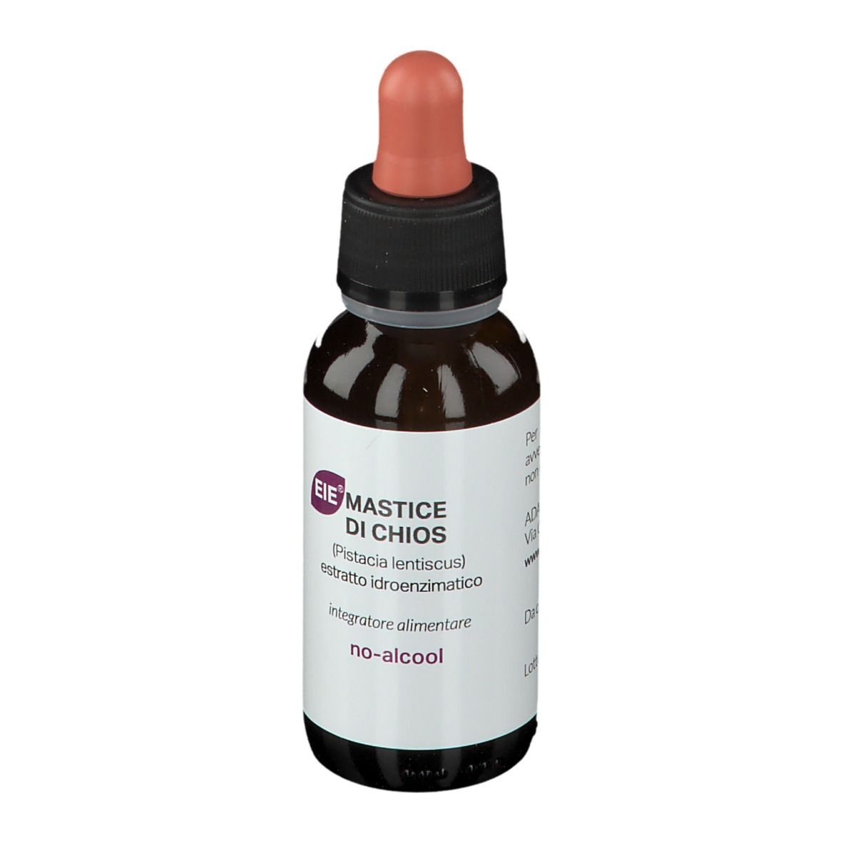 Flacone di vetro marrone con contagocce. Etichetta bianca con testo: EIE Mastice di Chios, no-alcool. Contagocce rosa.