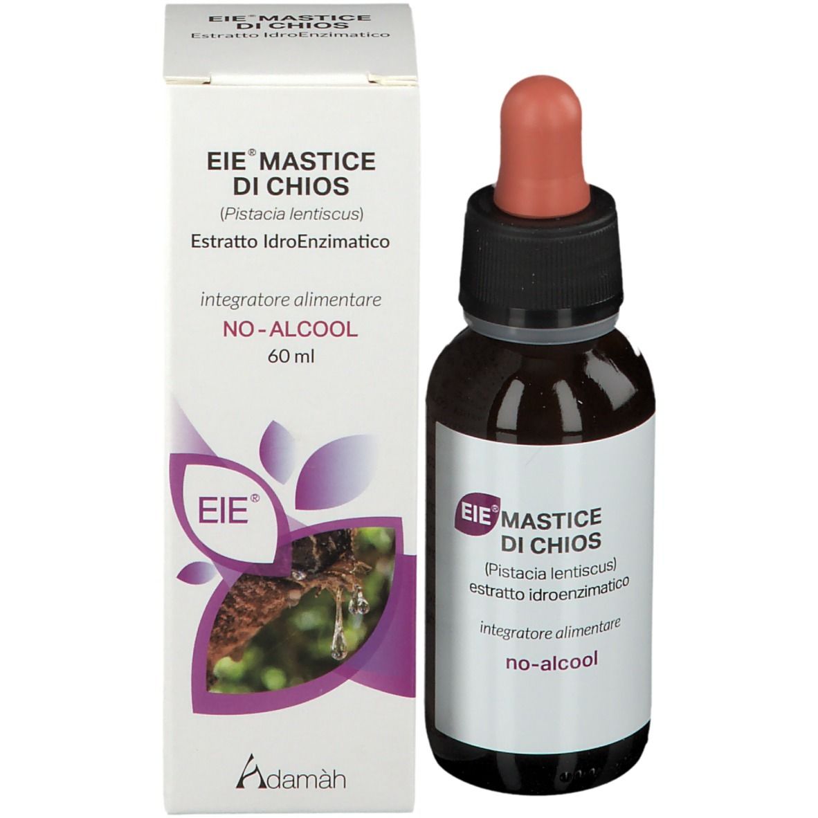 Flacone di vetro marrone con contagocce e confezione. Confezione con testo: EIE Mastice di Chios, no-alcool, 60 ml. Contagocce rosa.