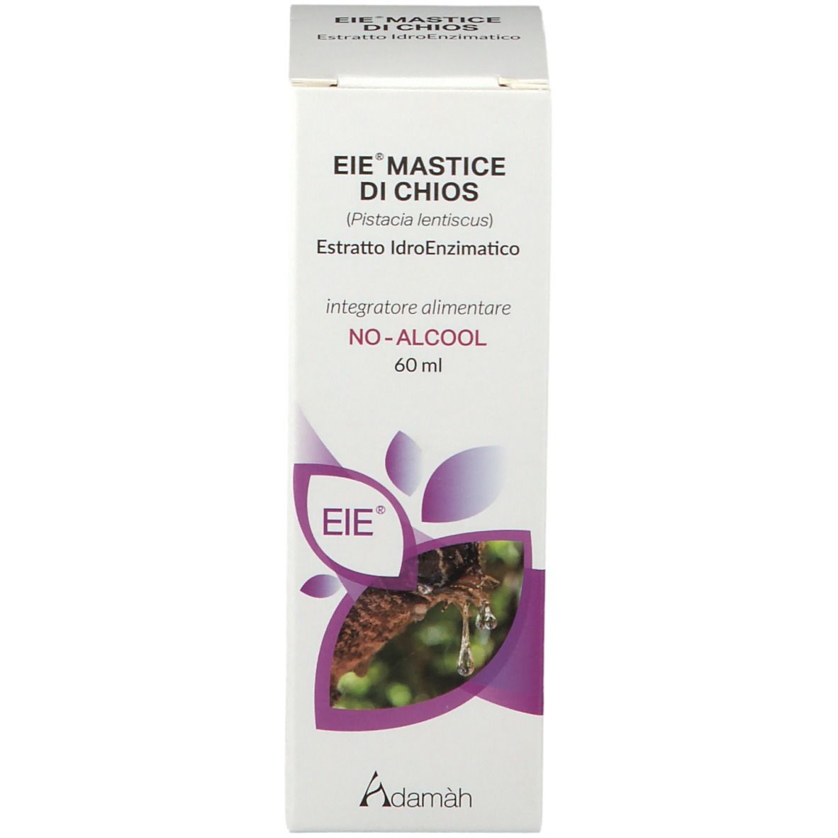 Confezione con testo: EIE Mastice di Chios, no-alcool, 60 ml. Logo EIE e Adamàh. Sfondo bianco.