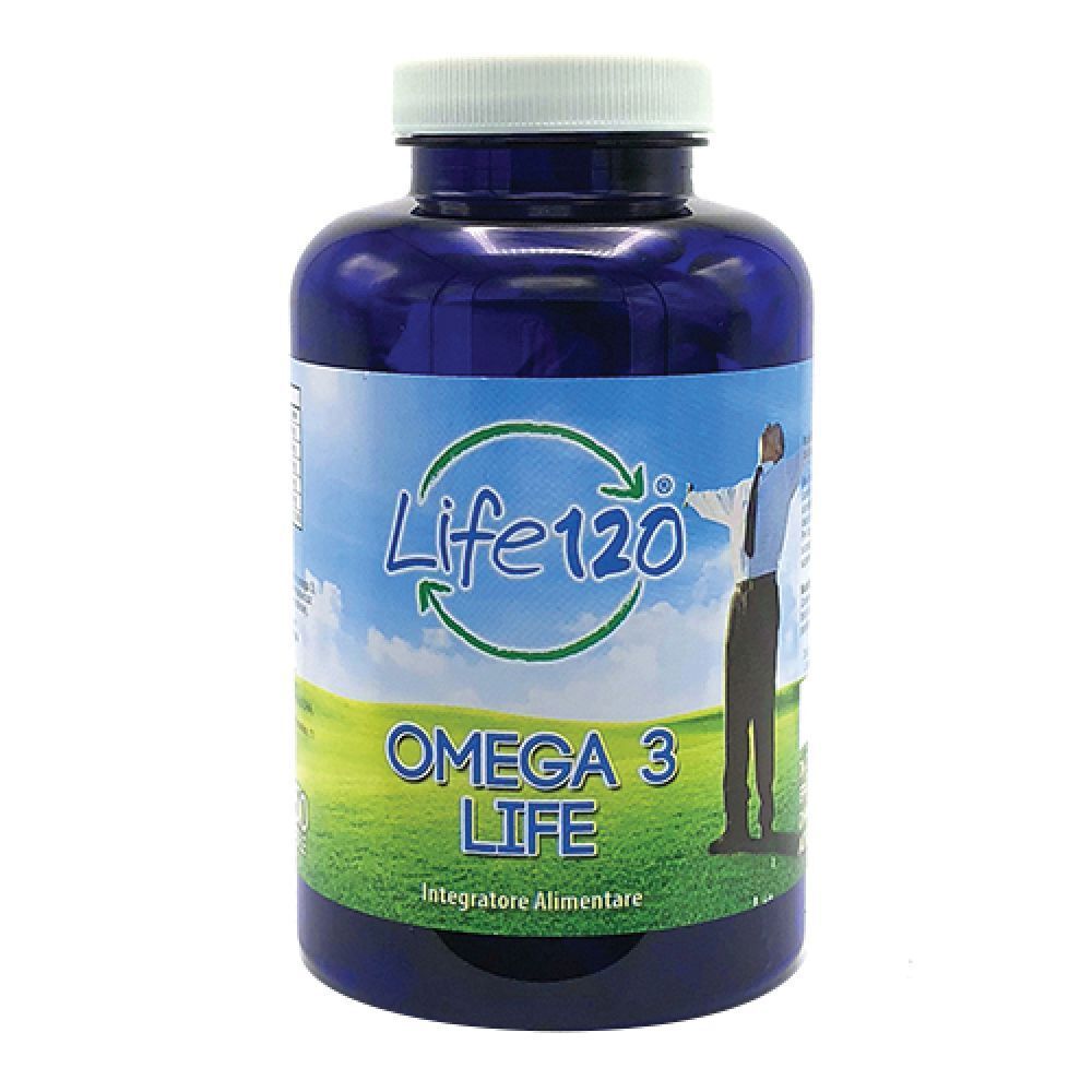 Bottiglia blu, tappo bianco. Scritta: Life120 Omega 3 Life. Immagine di una persona sull'erba.
