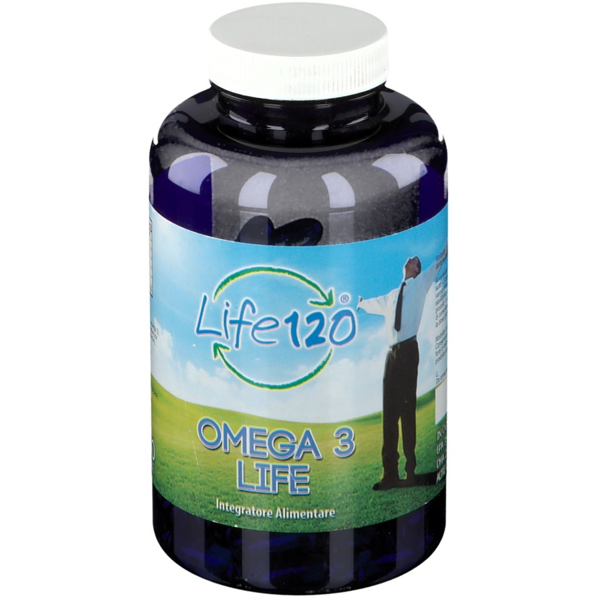 Bottiglia blu, tappo bianco. Scritta: Life120 Omega 3 Life. Persona sull'erba.