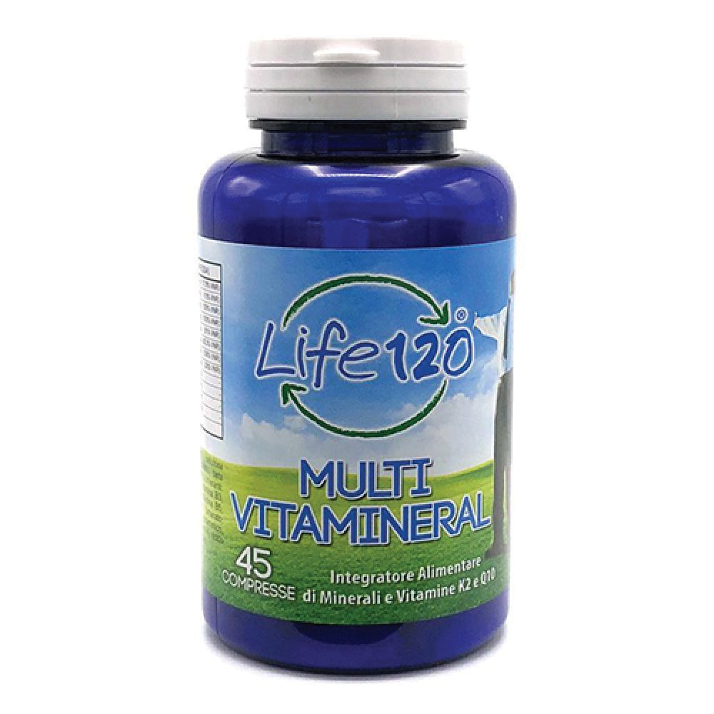 Flacone blu con tappo bianco. Scritta Life120 Multi Vitamineral. 45 compresse. Sfondo verde e bianco.