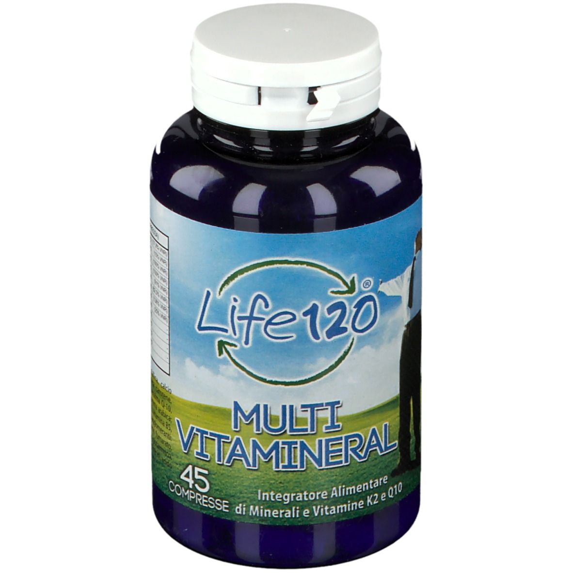 Flacone blu con tappo bianco. Scritta Life120 Multi Vitamineral. 45 compresse. Silhouette di uomo.