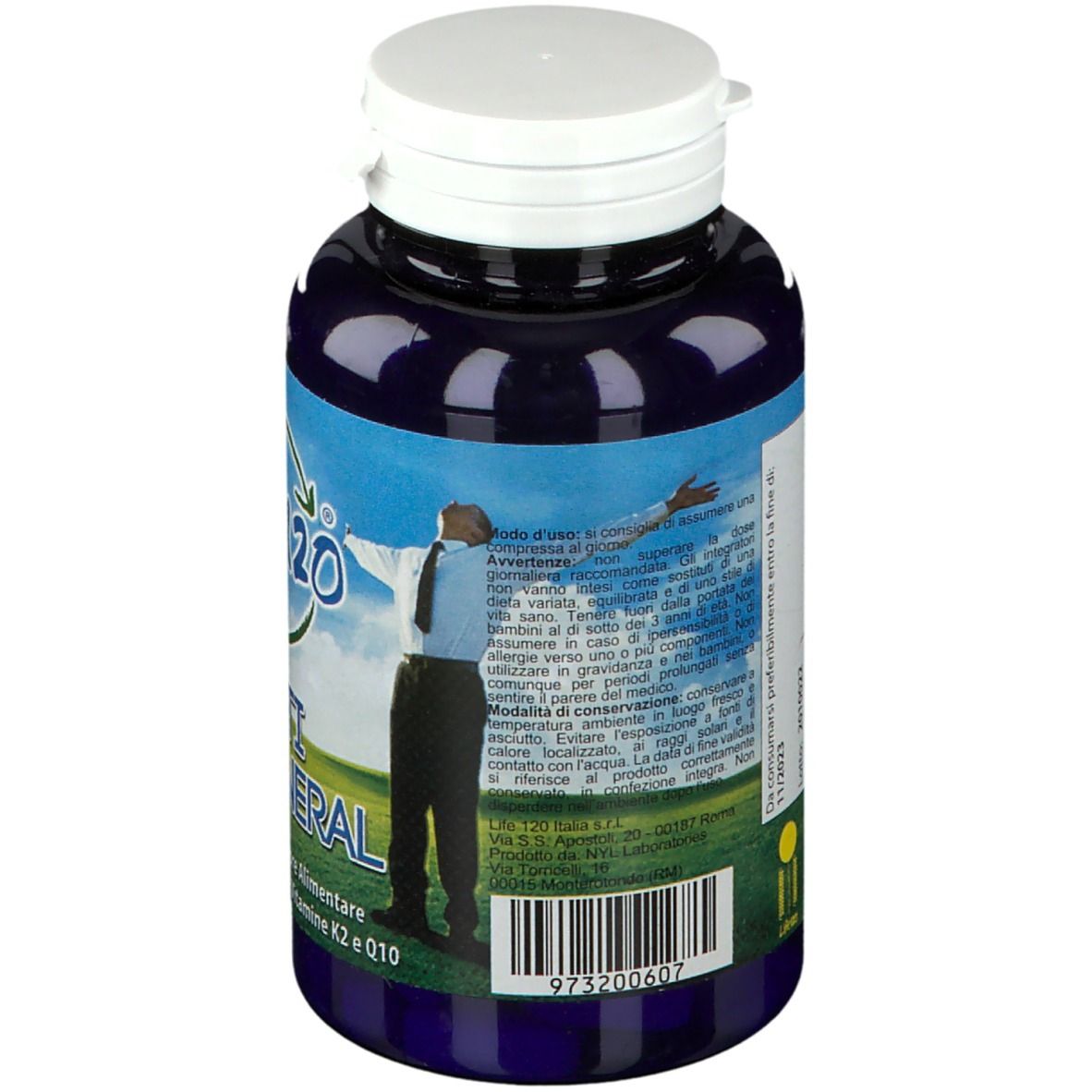 Flacone blu con tappo bianco. Scritta Life120 Multi Vitamineral. 45 compresse. Retro con testo.